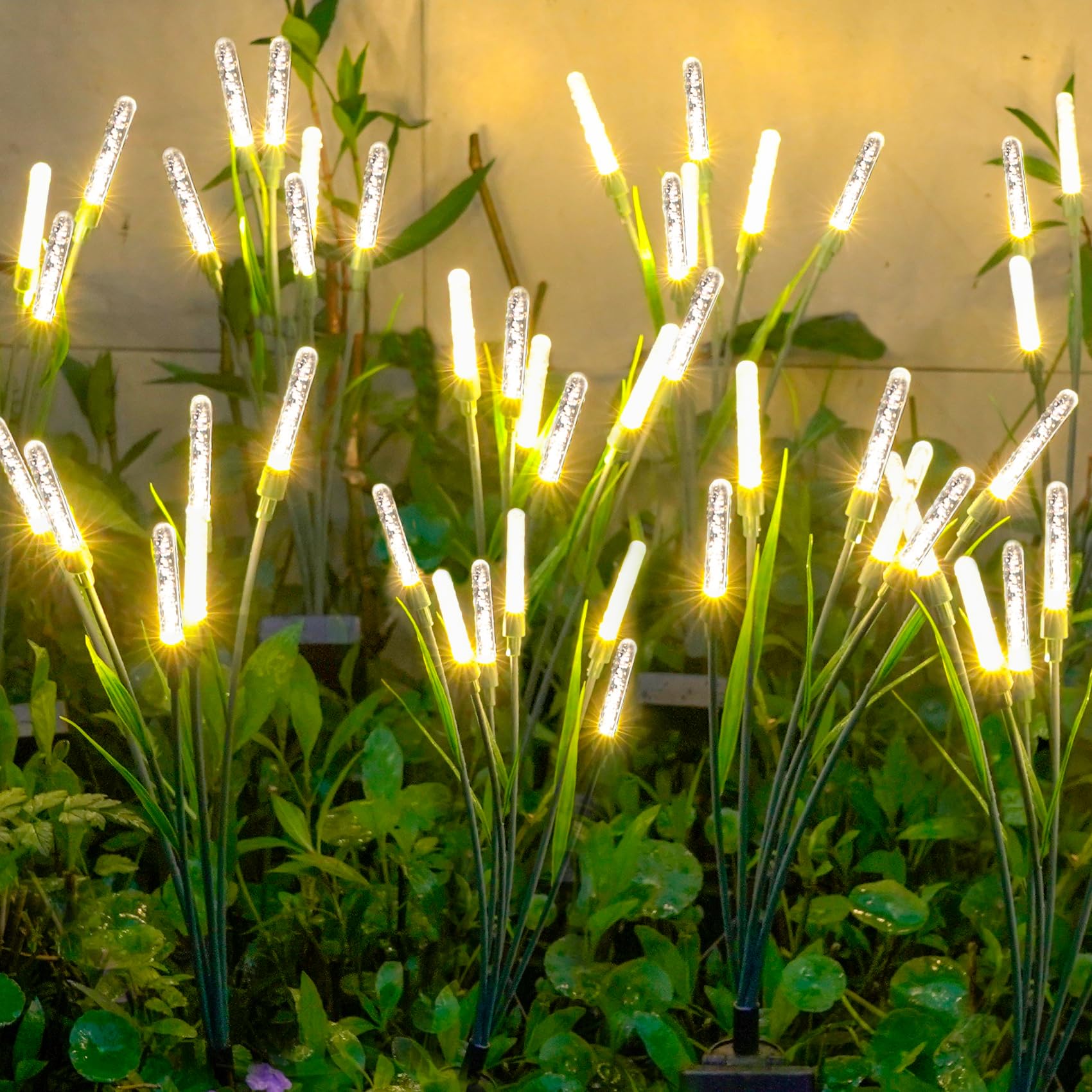Solar Garden Lights 2 Pack, Upgraded Acrylic Solar Firefly Lights Outdoor, Swaying Solar Garden Lights with Green Stems and Leav