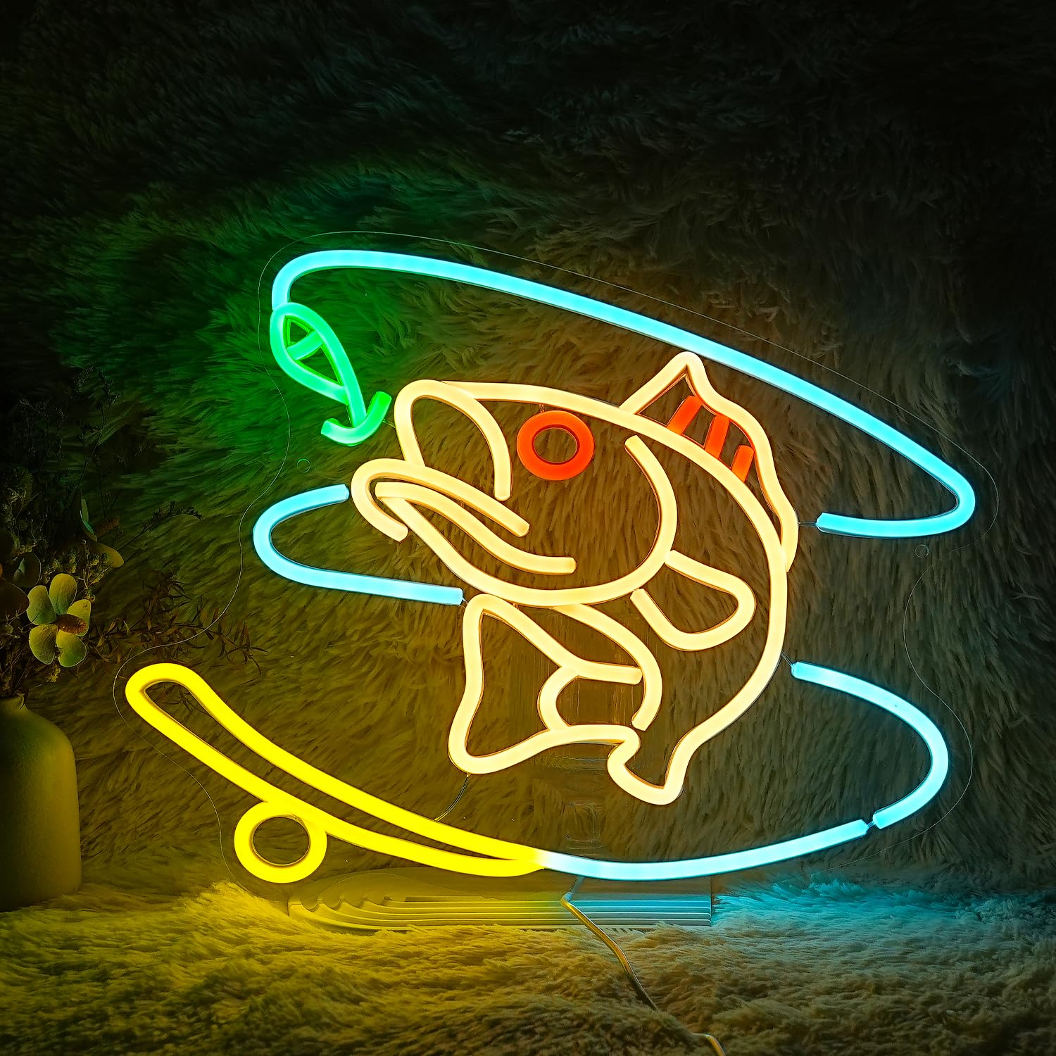 GNVETZLL Fishing Neon Sign LED Dimmable Wall Decor 15.7inx12.4in Acrylic Multicolor
