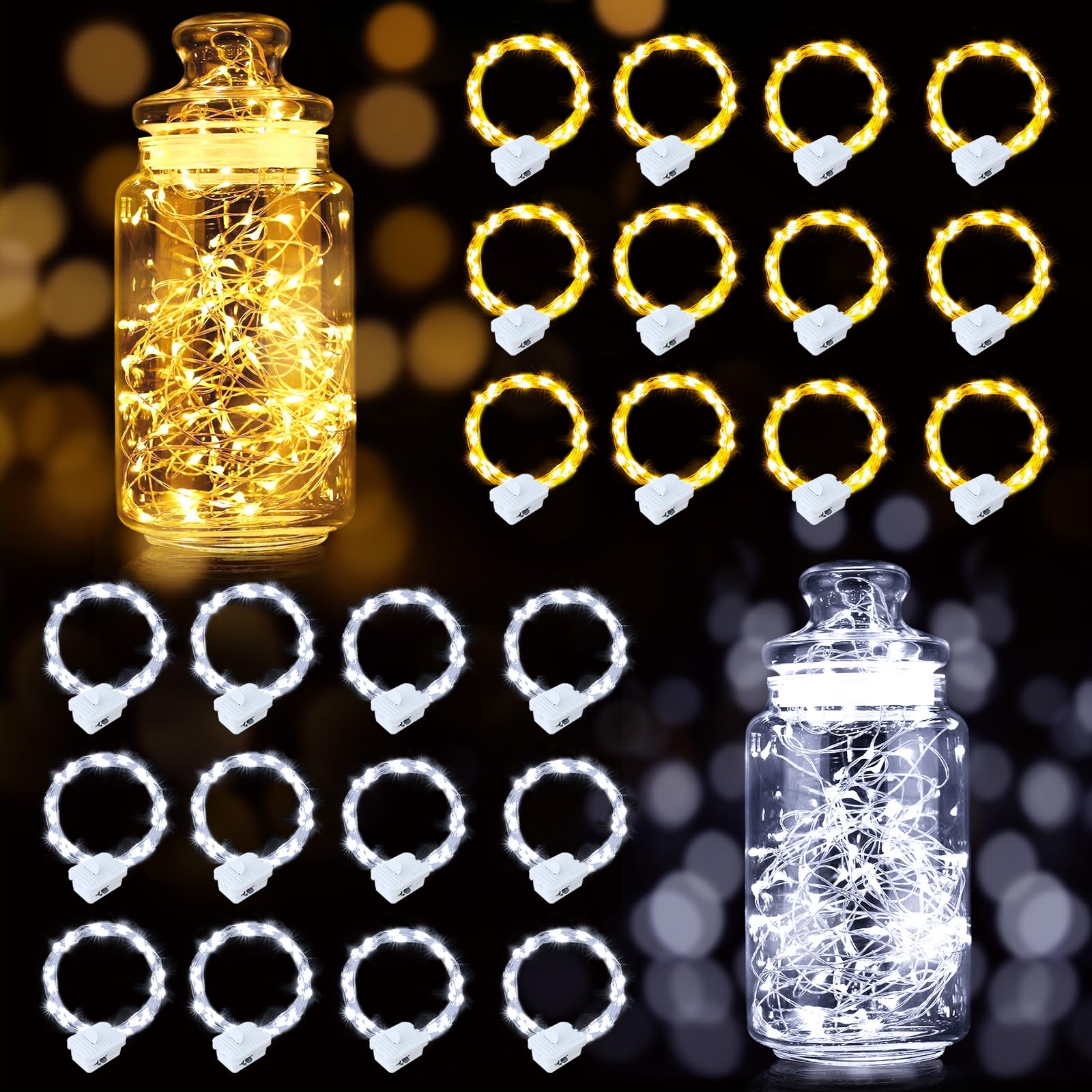 pozzolanas LED Fairy Lights, 24 Pack, 7ft, Battery Operated, 20 LEDs, White-Warm White, Model D3-23DC
