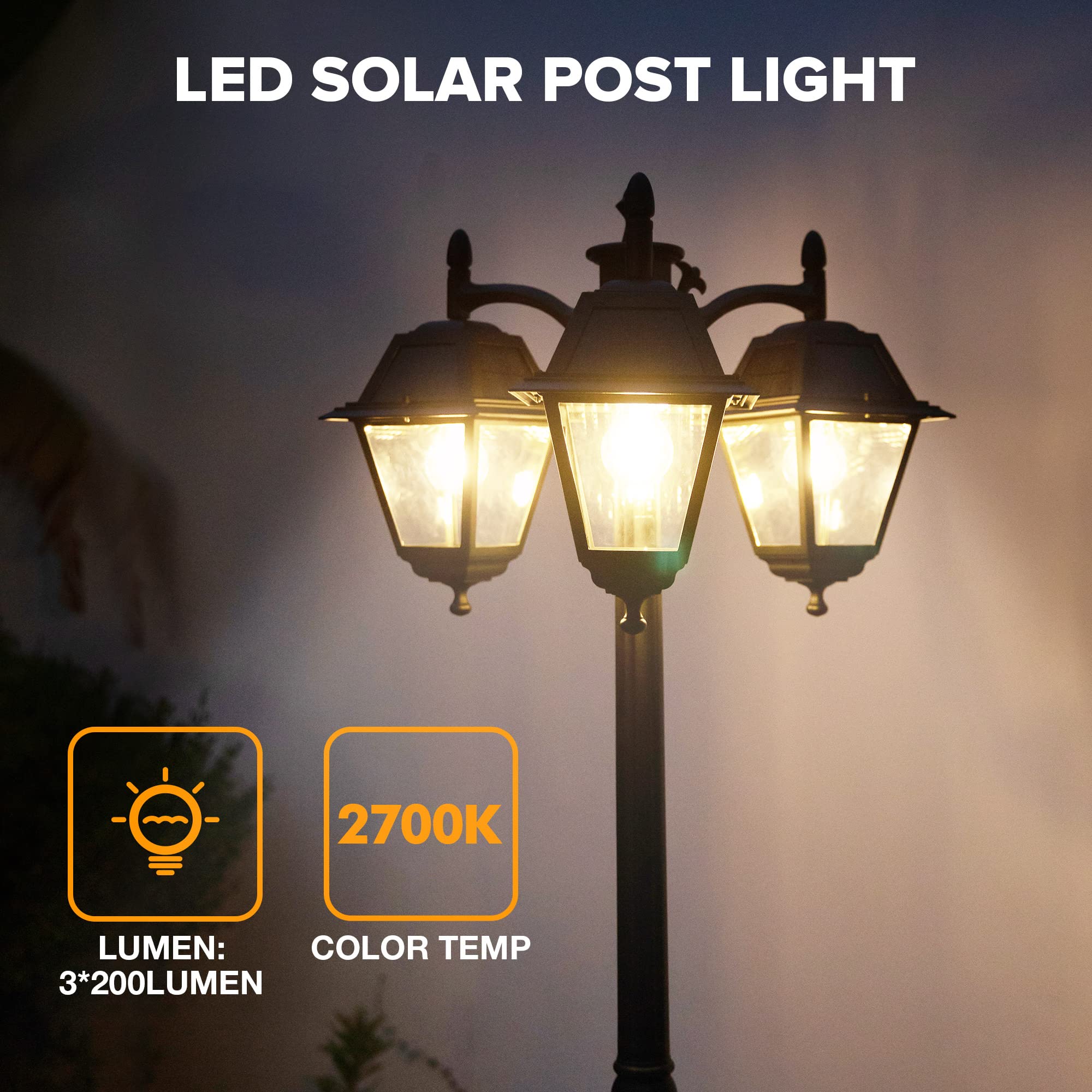 LUTEC Outdoor Solar Post Light, 600 Lumen, Dusk to Dawn, Waterproof, Black, Aluminum, Model 6940401012, 3 Trapezoid Head+Post