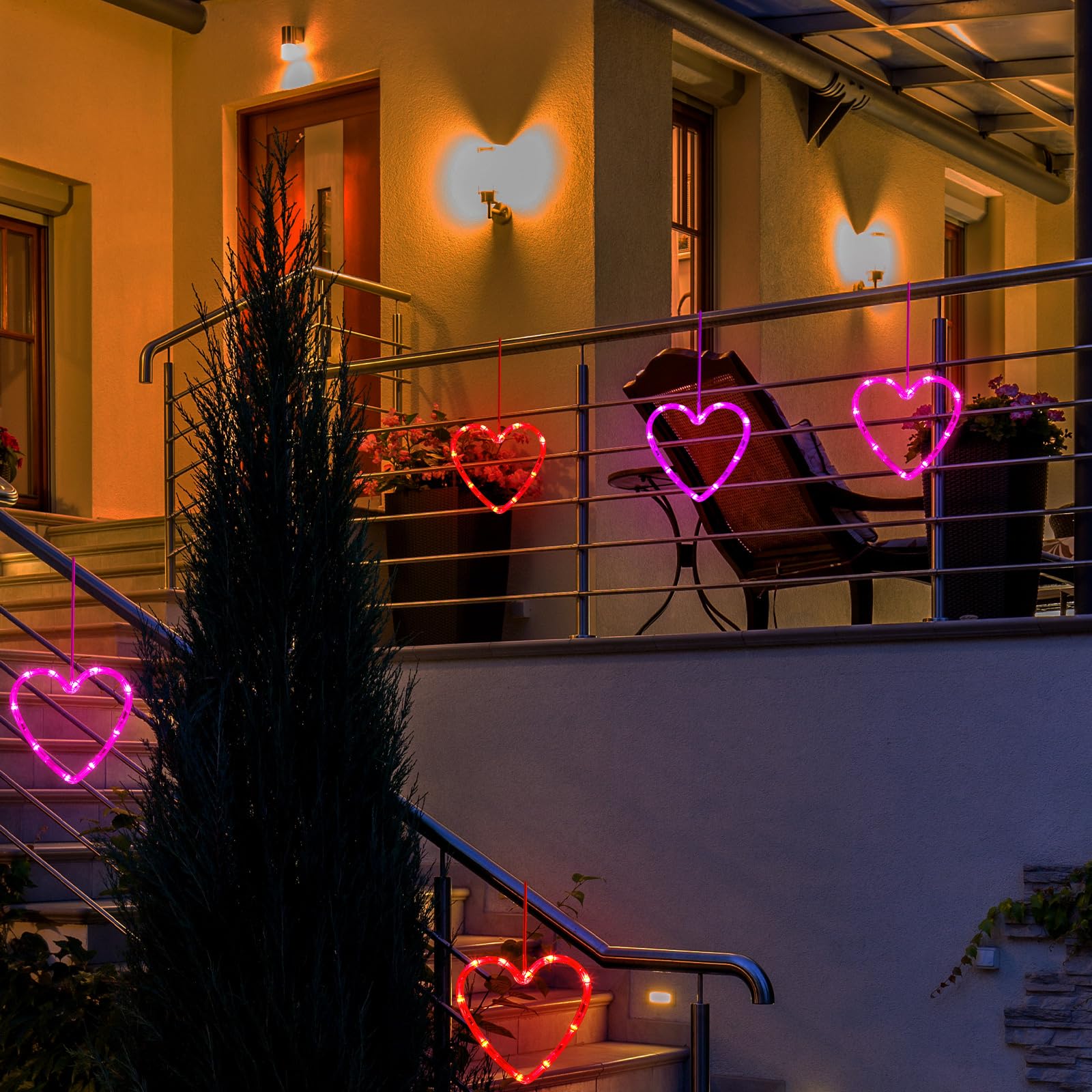Baquler 5 Pcs Heart LED Lights for Valentines Day, Battery Operated, Suction Cup, Red/Pink/Purple, Heart Size