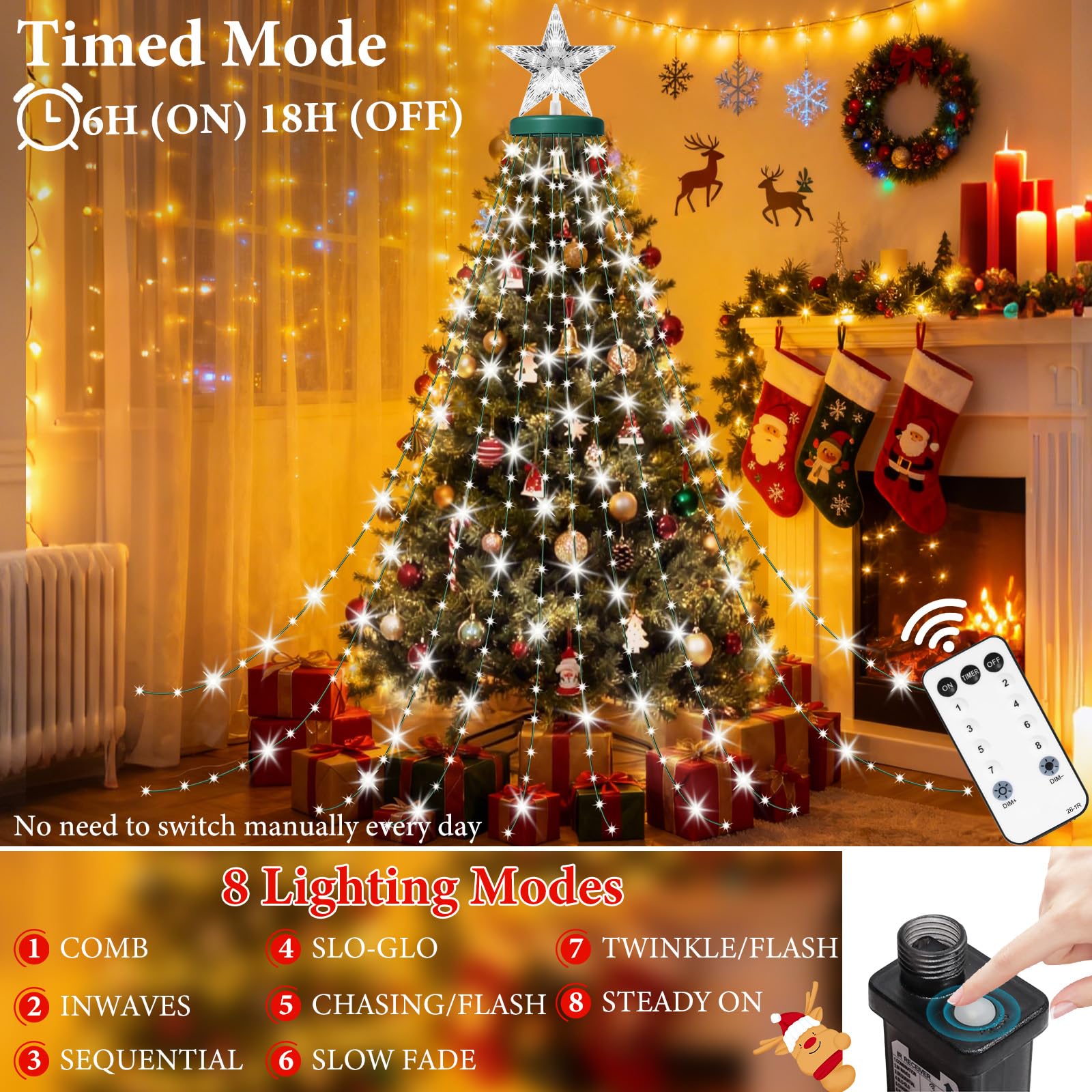 AMIPEPE Christmas Tree Lights, 410LED Fairy Lights, 6.6FT, Cool White, with Star Topper, Remote, 8 Modes for Indoor/Outdoor Xmas Decorations