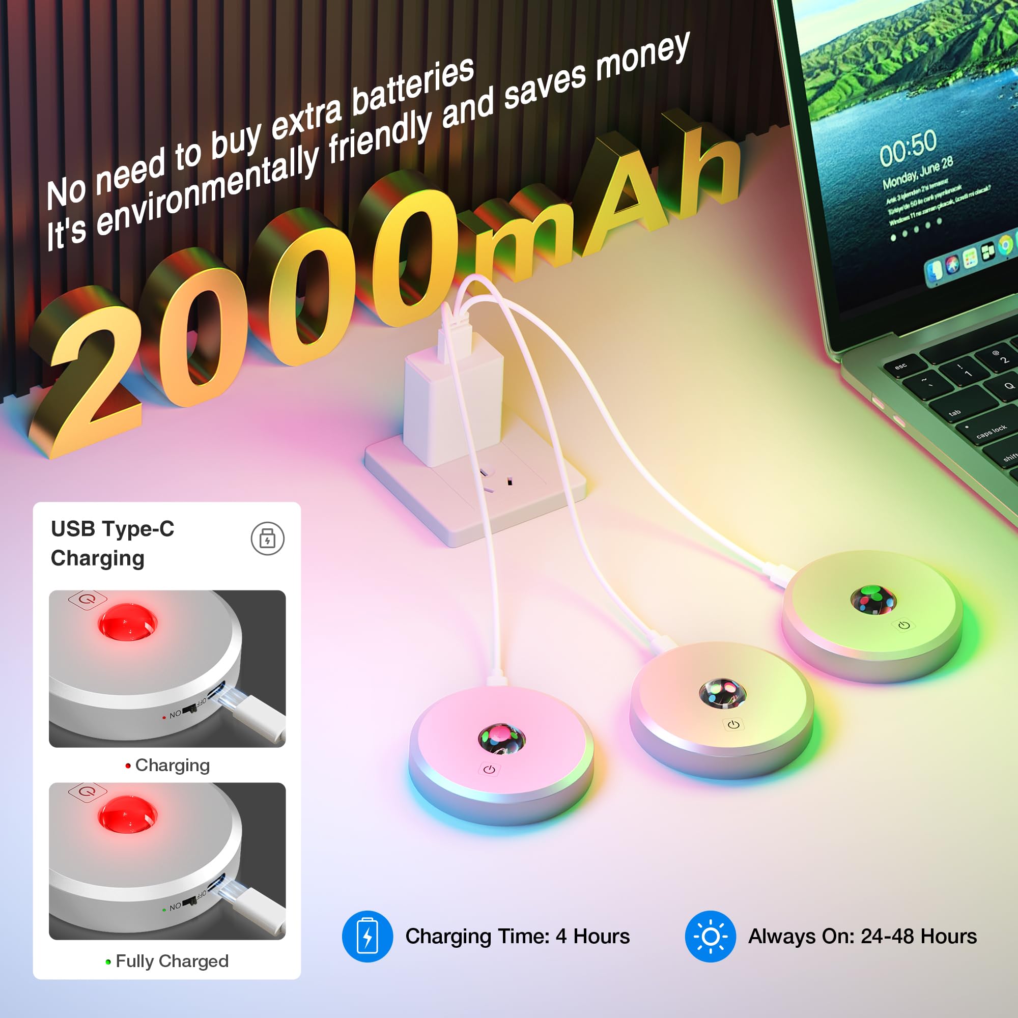 MICLIONLED RGB Puck Lights - Remote Control, 2000mAh Rechargeable, 9 Colors, Magnetic Stick-On, Silver, 3 Pack, Model M3-GB18