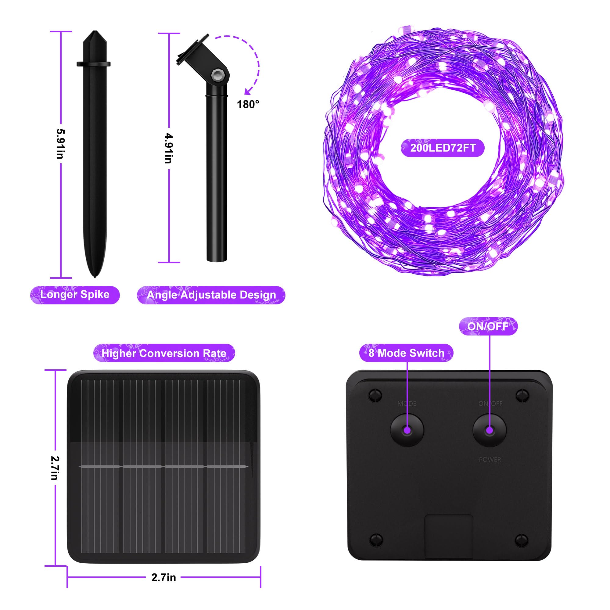 Solar String Lights For Outside, 72Ft 200 Led Solar Fairy Lights With 8 Modes, Solar Powered Fairy Lights Waterproof For Waterproof For Christmas Tree Garden Party Wedding Decor.(Purple)