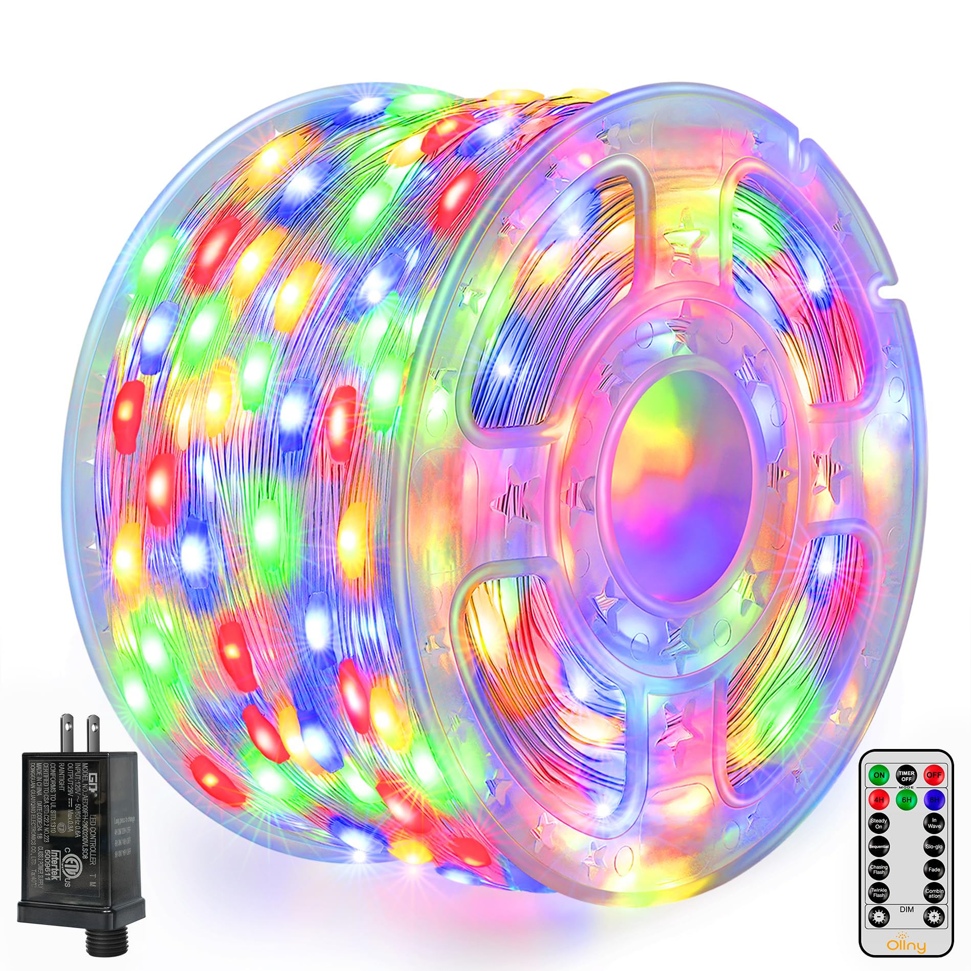 Ollny Christmas Lights Outdoor 600LED 197FT, Multicolor Christmas Tree Lights IP67 Waterproof, Plug in Fairy Lights with Remote 