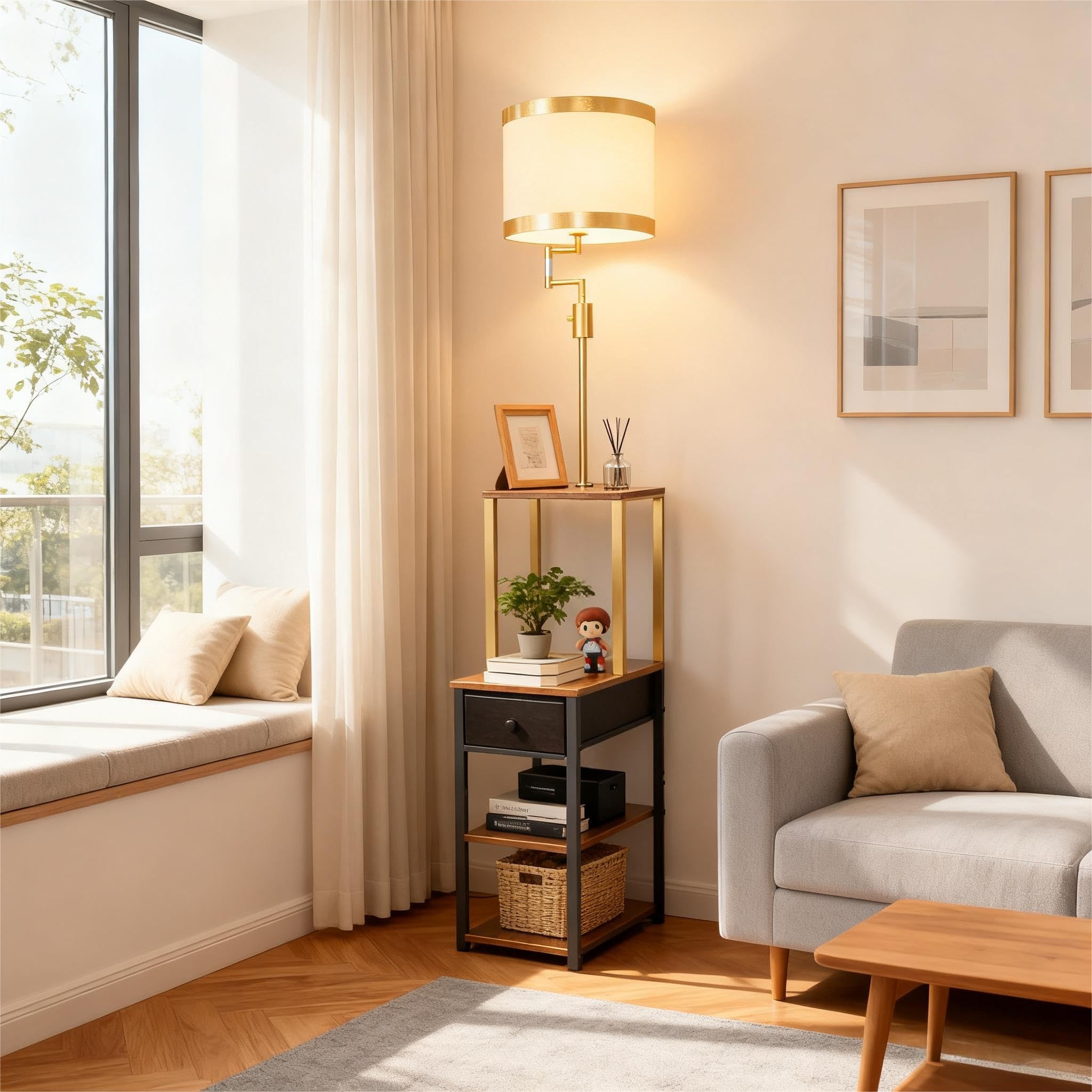 Lightdot Floor Lamp with Shelves&Drawer, Modern Standing Lamp with 350 Adjustable Lamp Head, Fabric Shade& Bulb Included, Displa