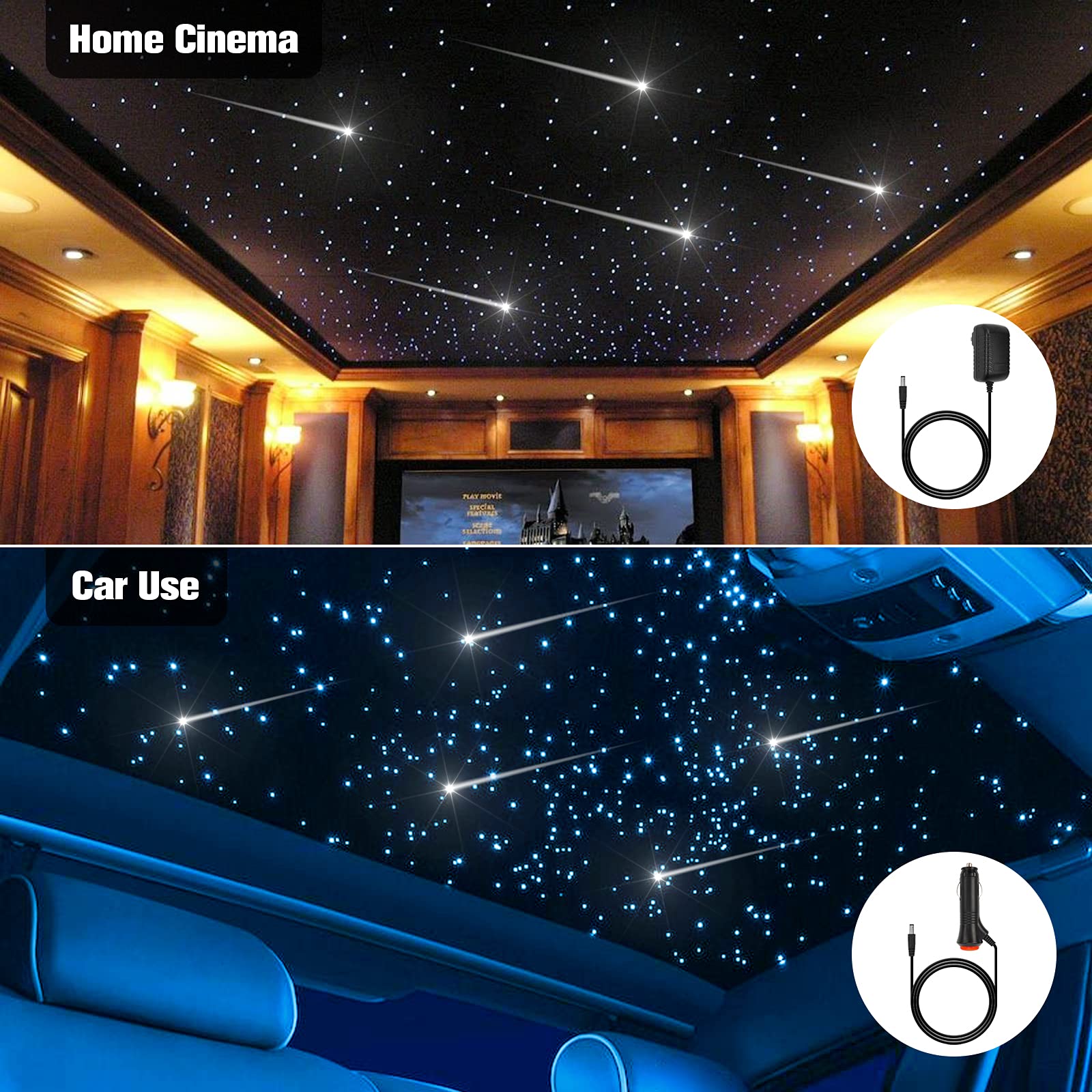 Chinly Meteor Twinkle 500Pcs 13.1Ft (0.03In+0.04In+0.06In) Fiber Optic Lights Star Headliner Kit+Shooting Stars Light Kit, Music Mode Bluetooth App Control Remote, For Star Headliner/Home Ceiling