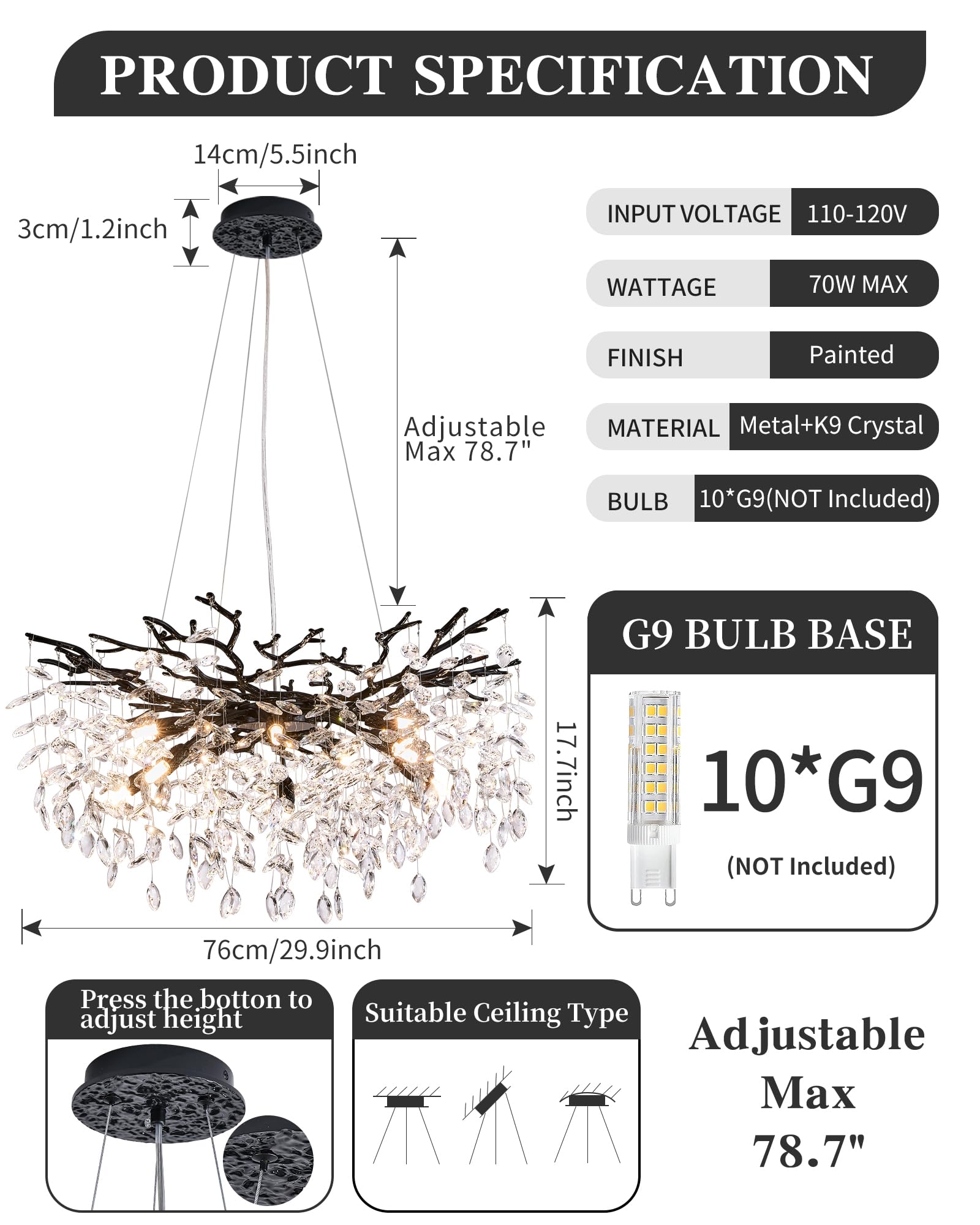 Witkey Modern Crystal Chandelier, 30" Black 10-Light Pendant Lighting for Dining Room, Kitchen, Bedroom, Living Room - Model CHL-2303-D760