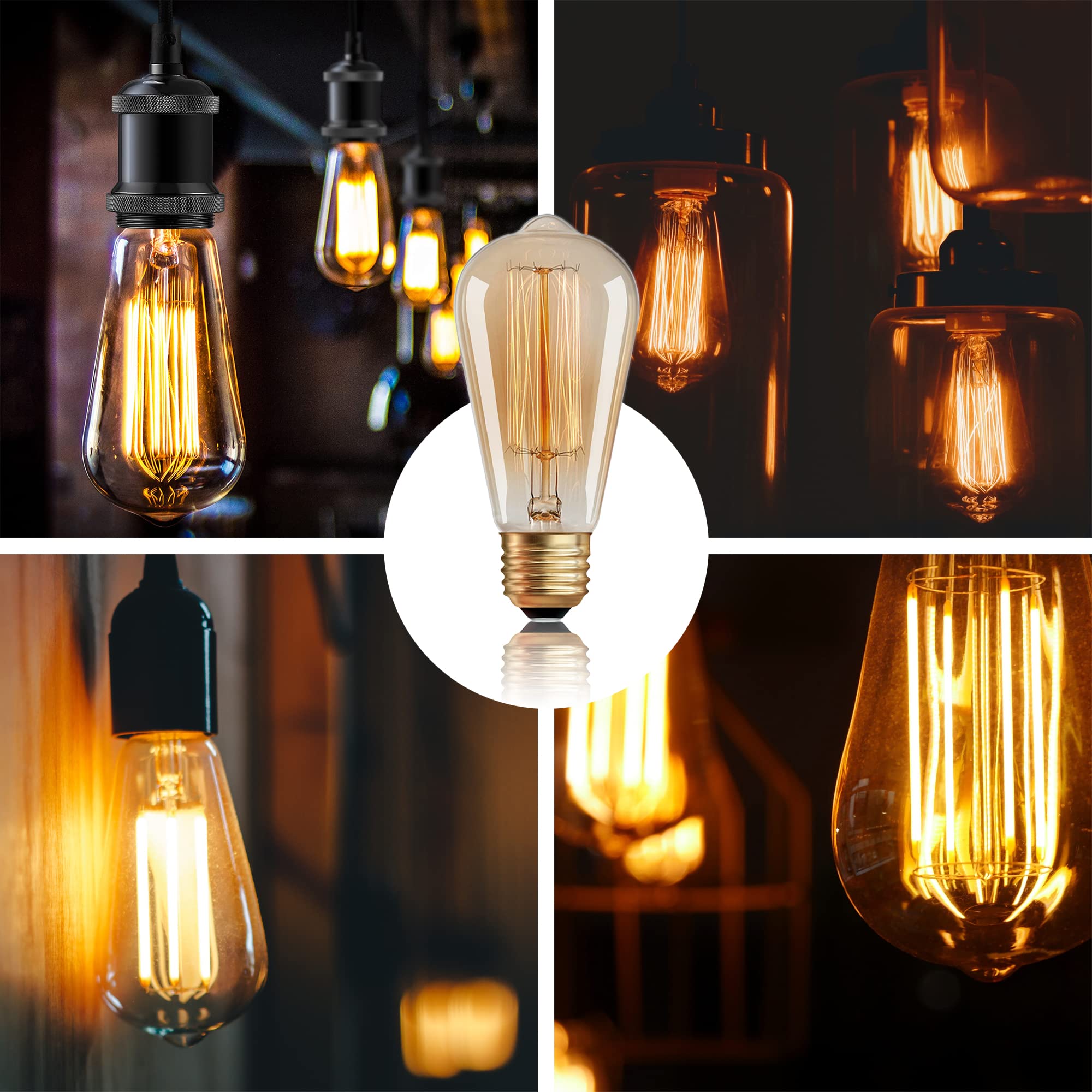 Kellarosses ST64 Edison Bulbs 40W 6-Pack, Dimmable, 2200K Warm Amber, E26/E27 Dual Base, Glass, 2500Hrs