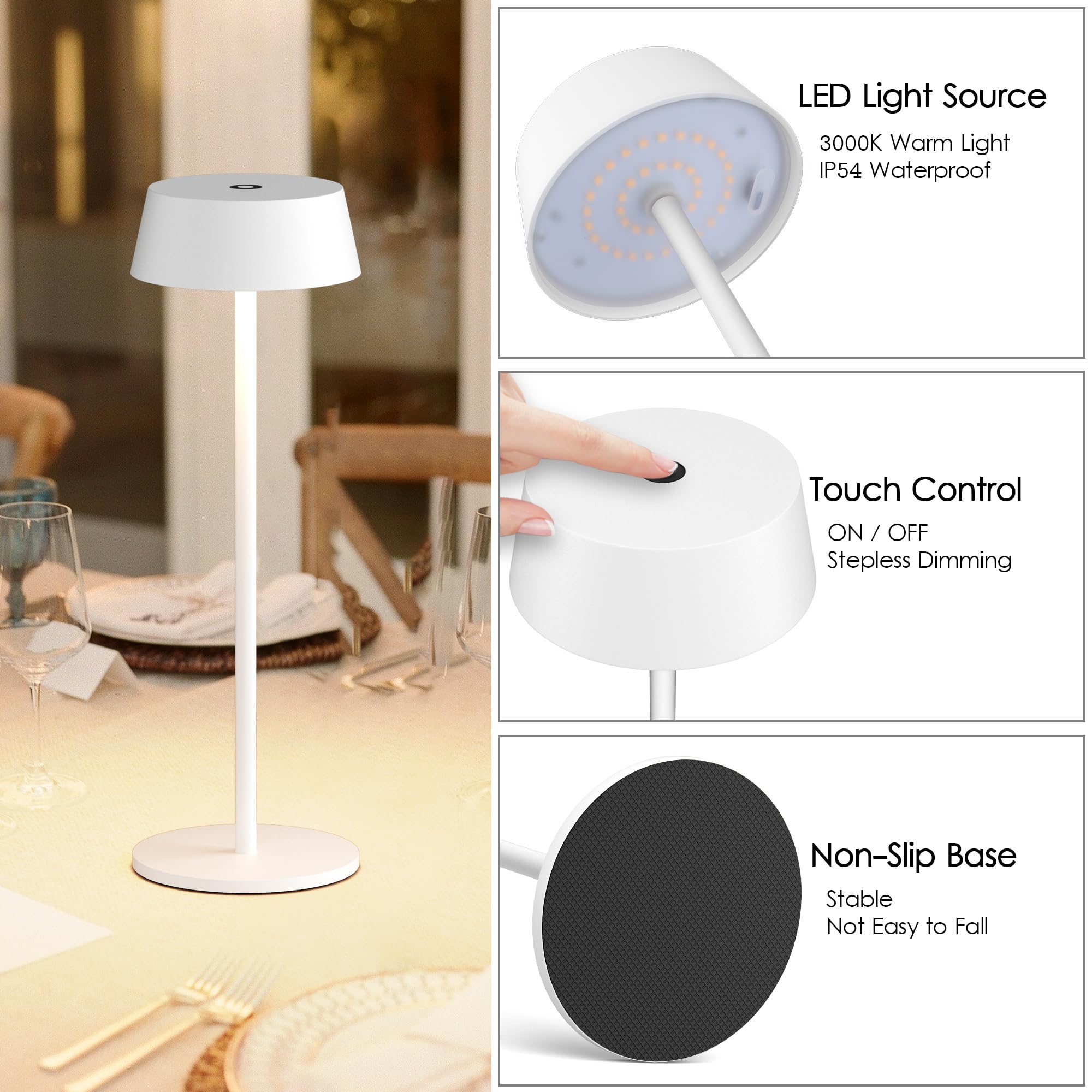 Aipsun Table Lamps Set Of 2, White Battery Operated Table Lamp Cordless Outdoor Touch Led Table Lamp For Restaurant/Living Room/