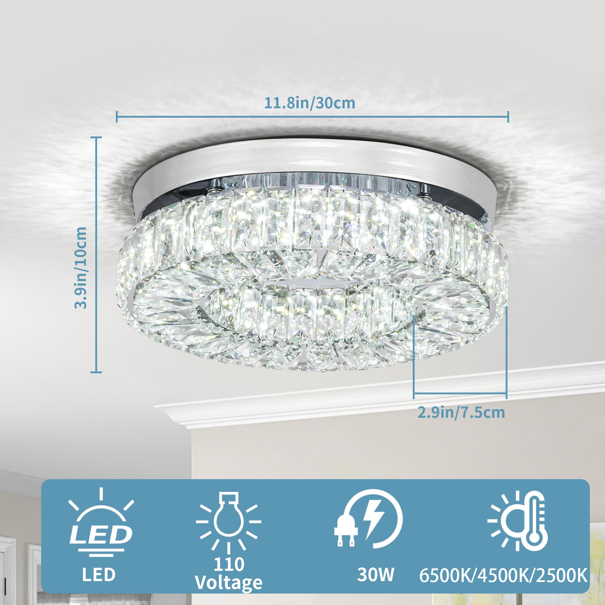 Homlaiting 11.8” Modern Crystal Led Chandelier, Changeable Colors, Flush Mount Ceiling Light