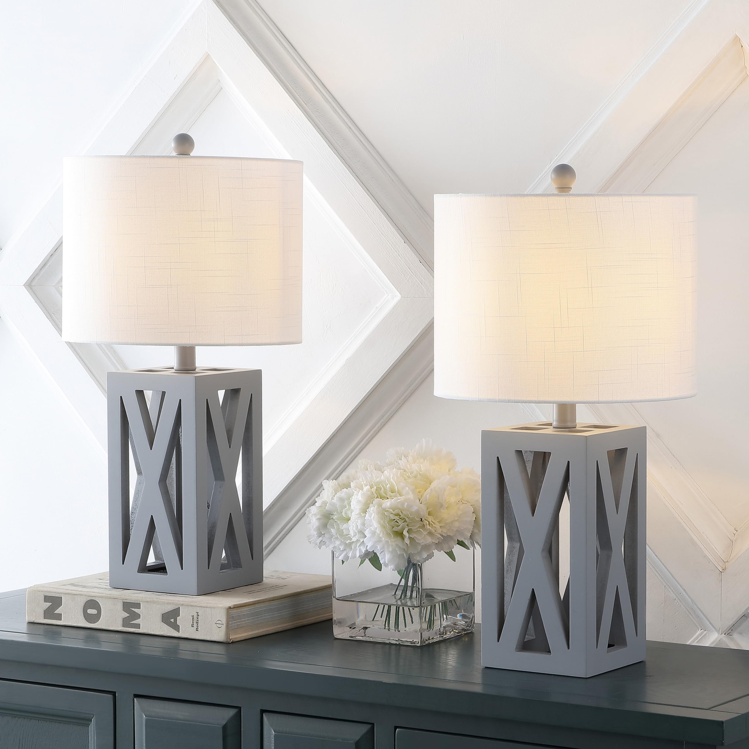 JONATHAN Y Wood LED Table Lamp Set of 2, Gray, Model JYL1062D-SET2, Farmhouse Rustic Design for Bedroom Living Room Office