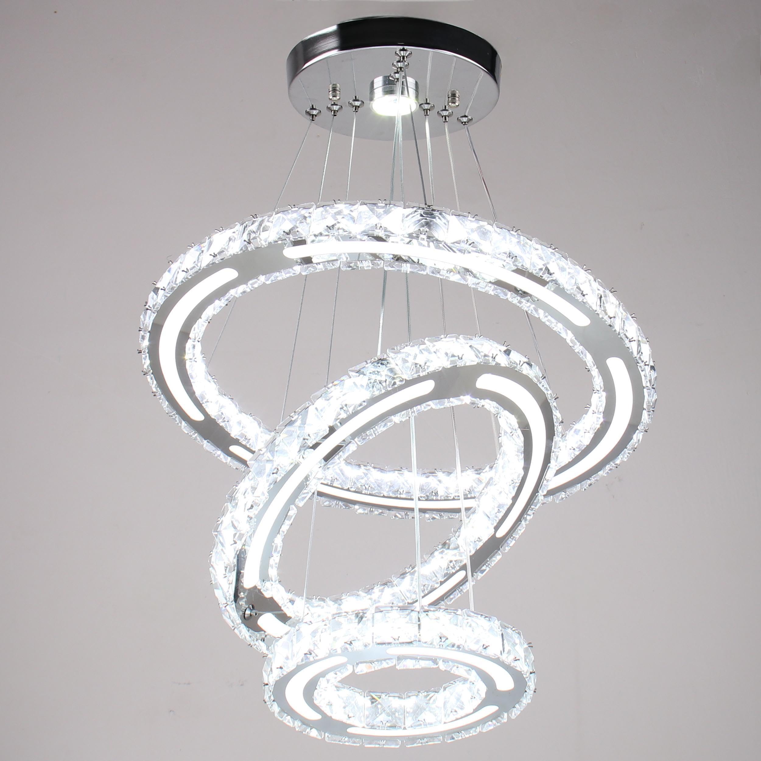 CXGLEAMING Modern LED Chandelier 3 Rings Adjustable Crystal Pendant Light 180mm Base White Light 153 Crystals