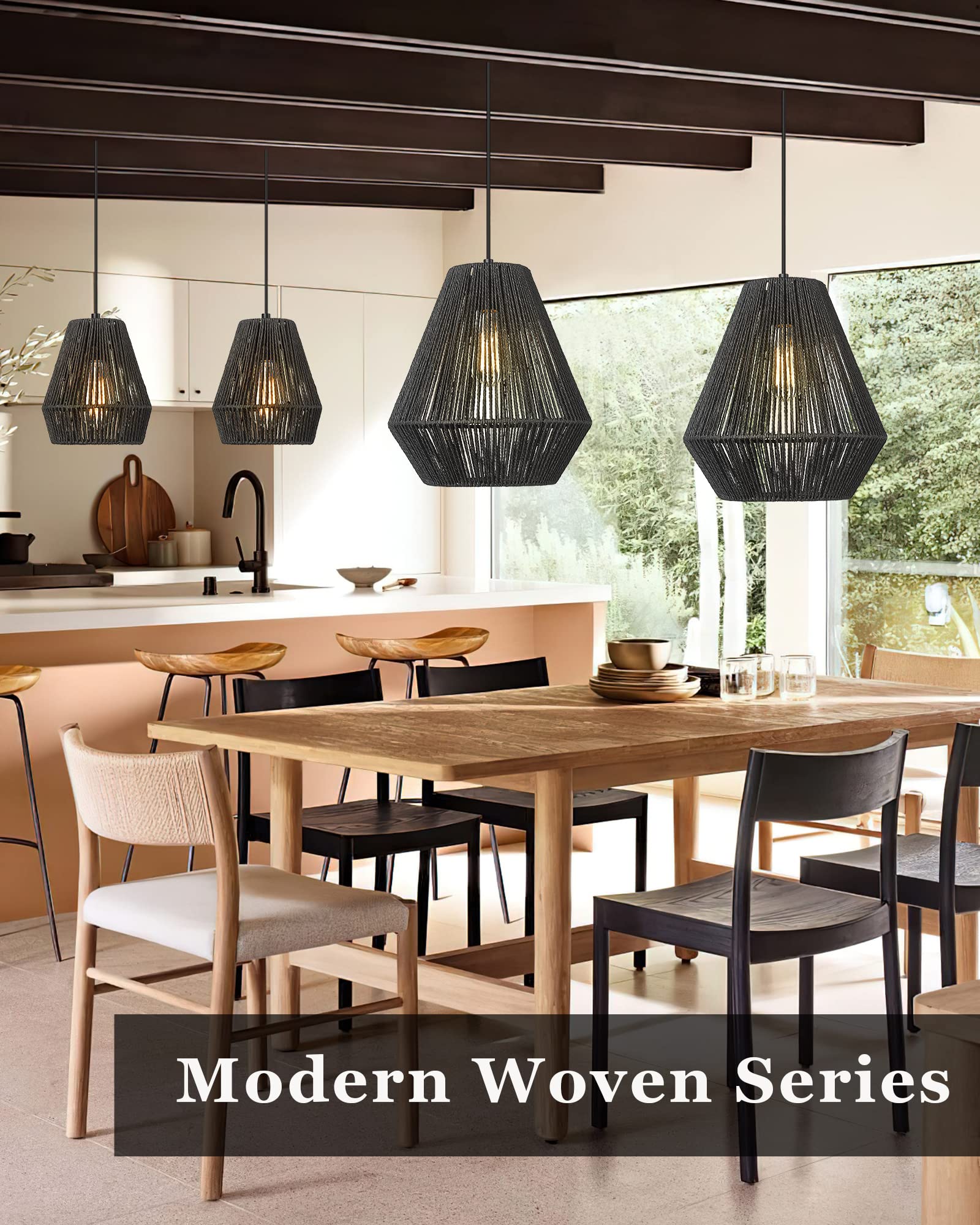 Elyona 11.8&quot; Modern Woven Pendant Light - Black Rattan Shade For Kitchen, Dining, Bar, Bedroom
