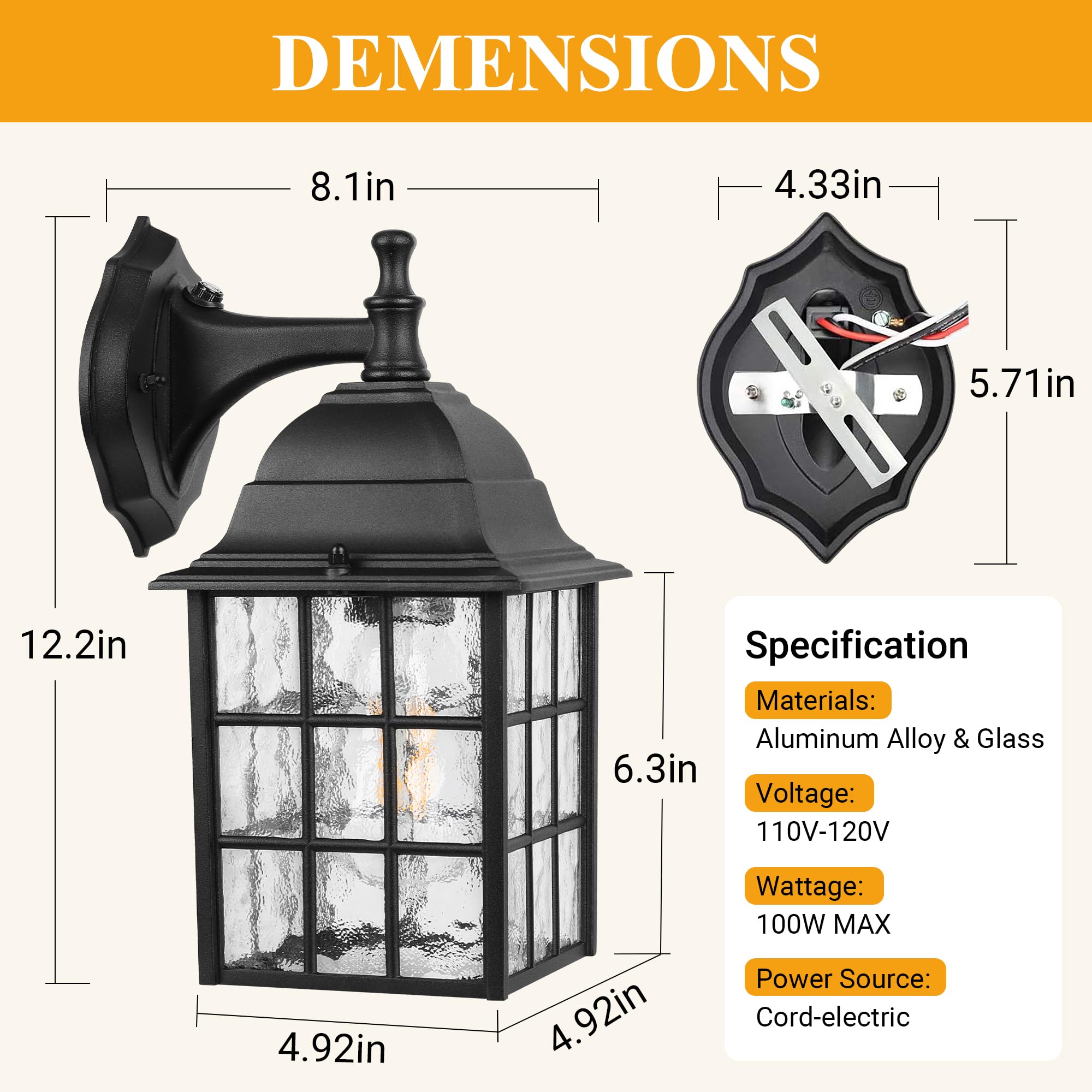 WIHTU 2-Pack Outdoor Wall Lights, Matte Black Aluminum, Dusk to Dawn Sensor, Waterproof Wall Lanterns for Garage & Front Door
