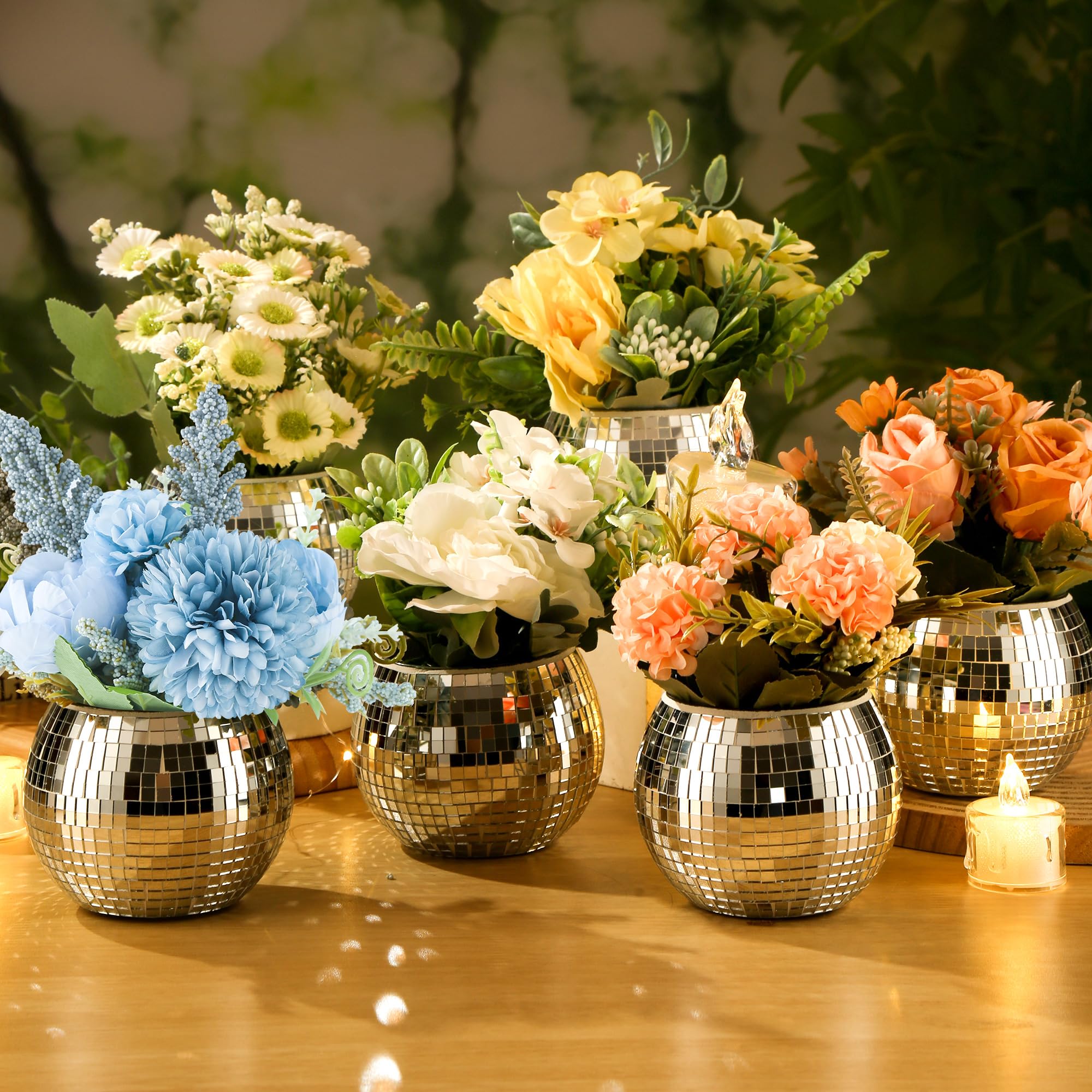 RGBDOT Disco Ball Vase - Silver Mirror Glass Flower Planter - 4in X 4.7in - 6 Pcs for Wedding, Birthday, Party Decor