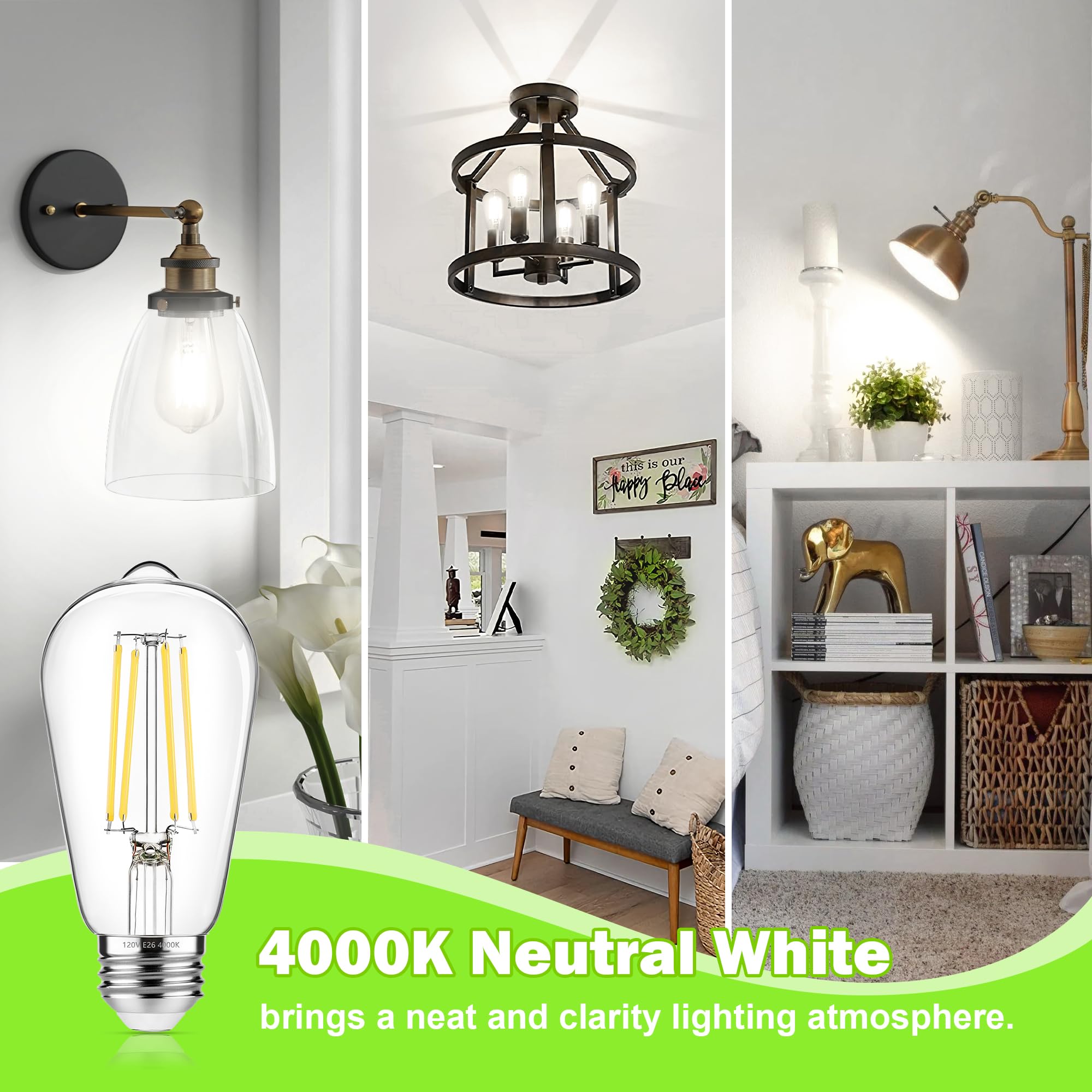 Asomst 4-Pack Vintage Edison Bulbs 60W Equivalent, 850Lm 6W Led Light Bulb Neutral White 4000K, St58 Filament Lighting E26 Base,