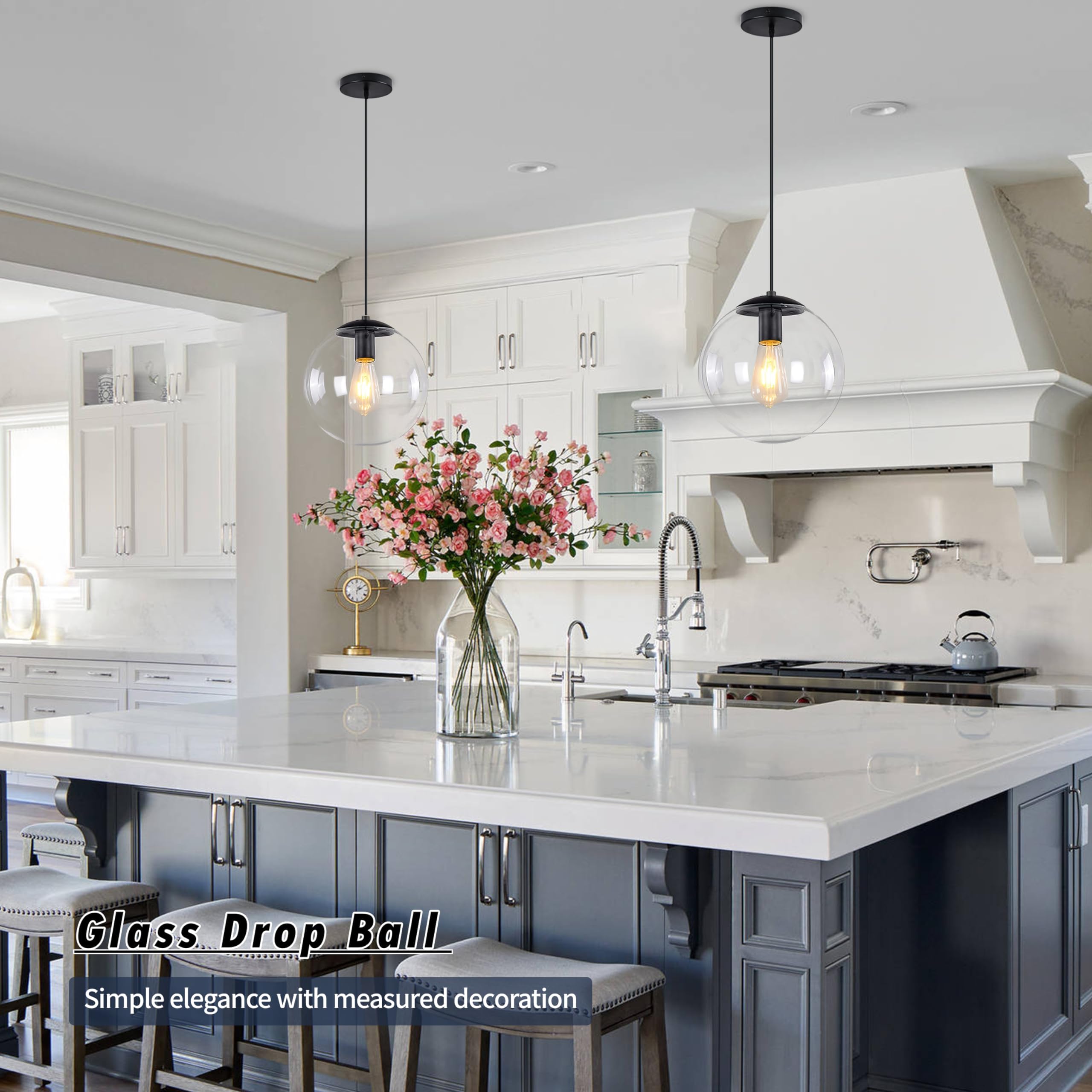 Koko&Yukina 10&quot; Black Globe Pendant Light, Adjustable Mid Century Fixture With Clear Glass Shade