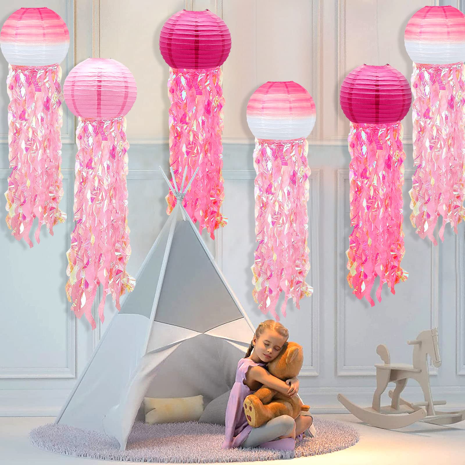 6 Packs Jellyfish Paper Lanterns Hanging Mermaid Wishes Lantern Gradient Pink Rose Red Ocean Theme Party Supplies Great For Kids