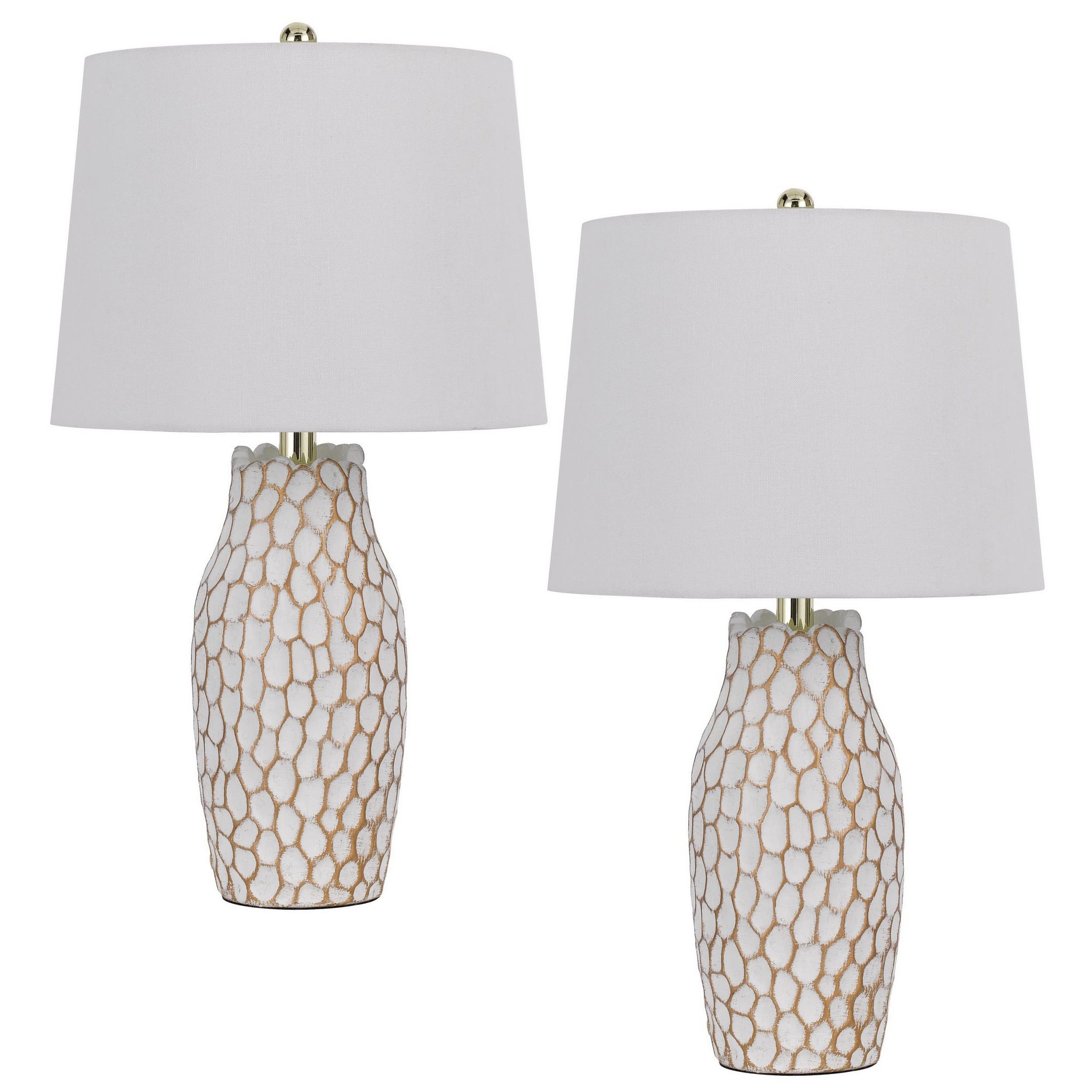 Benjara 23 Inch Set of 2 Ceramic Accent Table Lamp, Hammered Base, White and Gold