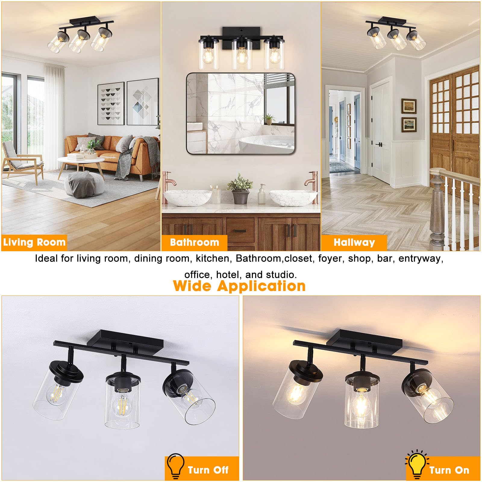 Fadimikoo 3-Lights Semi Flush Mount Ceiling Light  Adjustable Kitchen Light Fixtures Ceiling Mount With Clear Glass Shades  Rotatable Black Track Lighting Fixtures For Hallway  Foyer  Bedroom