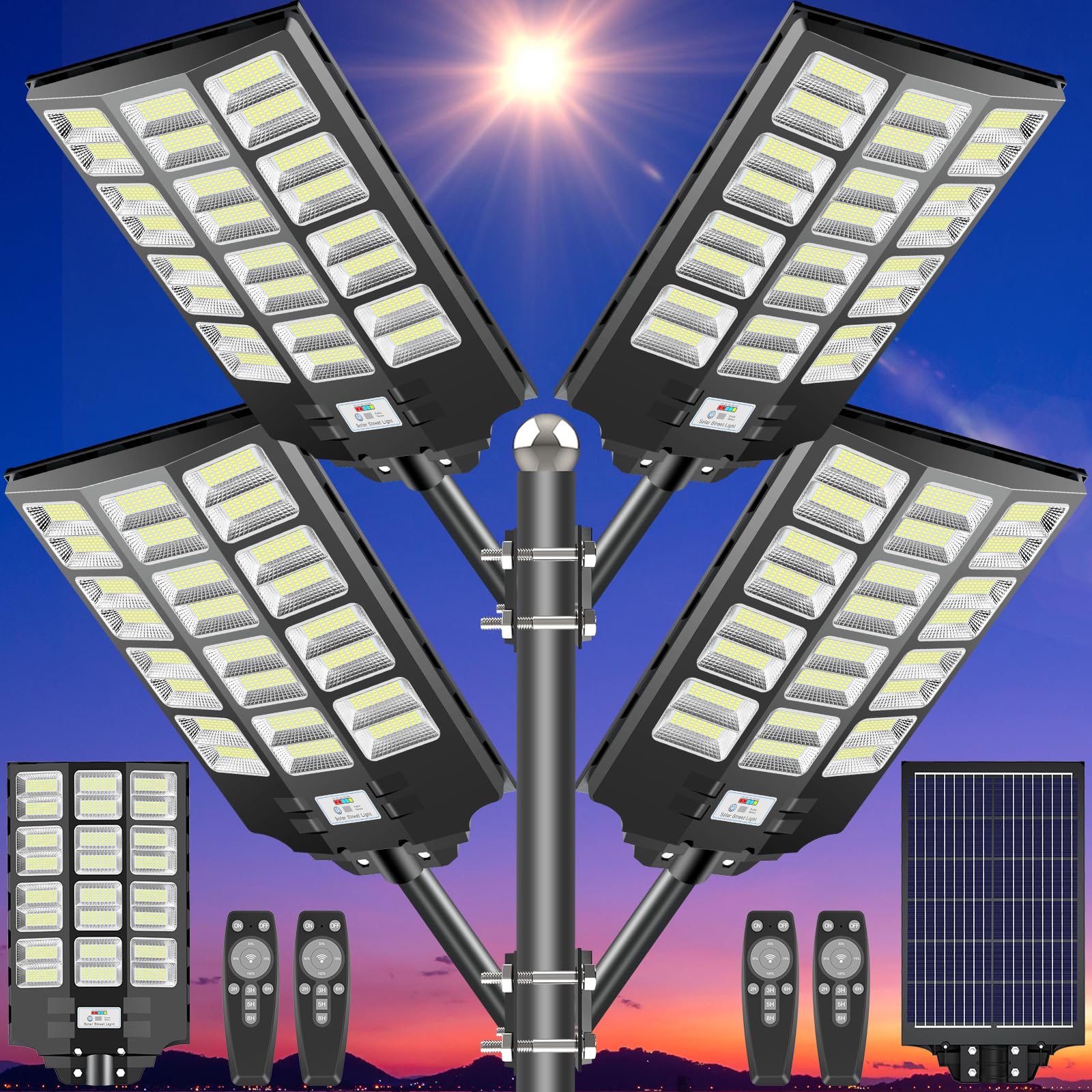 Cedio Solar Street Lights 4600W 300000 Lumens Led, Ip66 Waterproof, Dusk To Dawn, 4 Pack