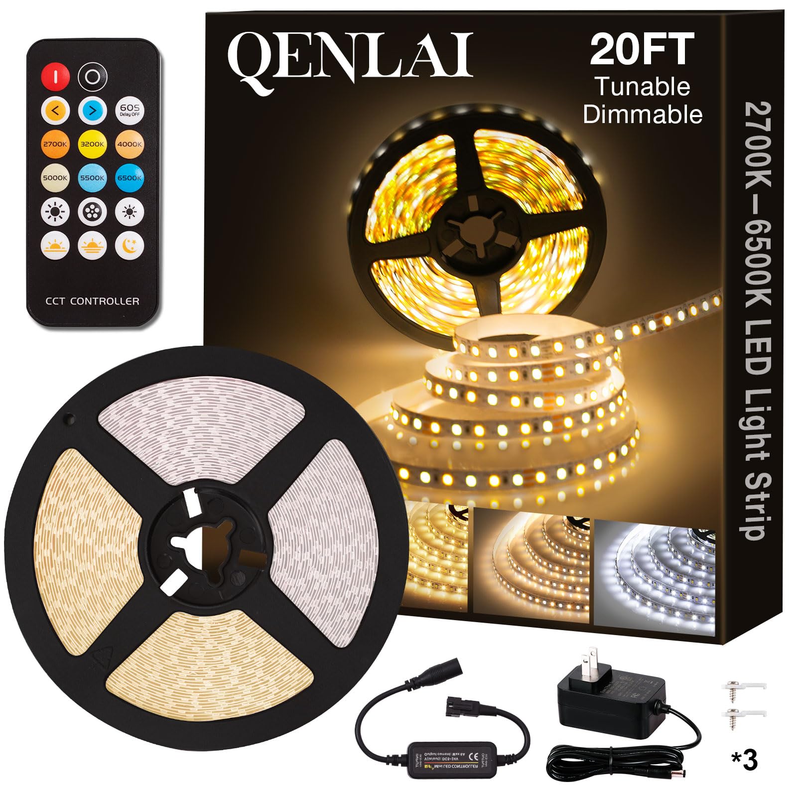 QENLAI 20ft LED Strip Lights, 2700K-6500K Tunable White LED Light Strip with Remote and Plug, 12V 720 LEDs Dimmable Flexible Cut