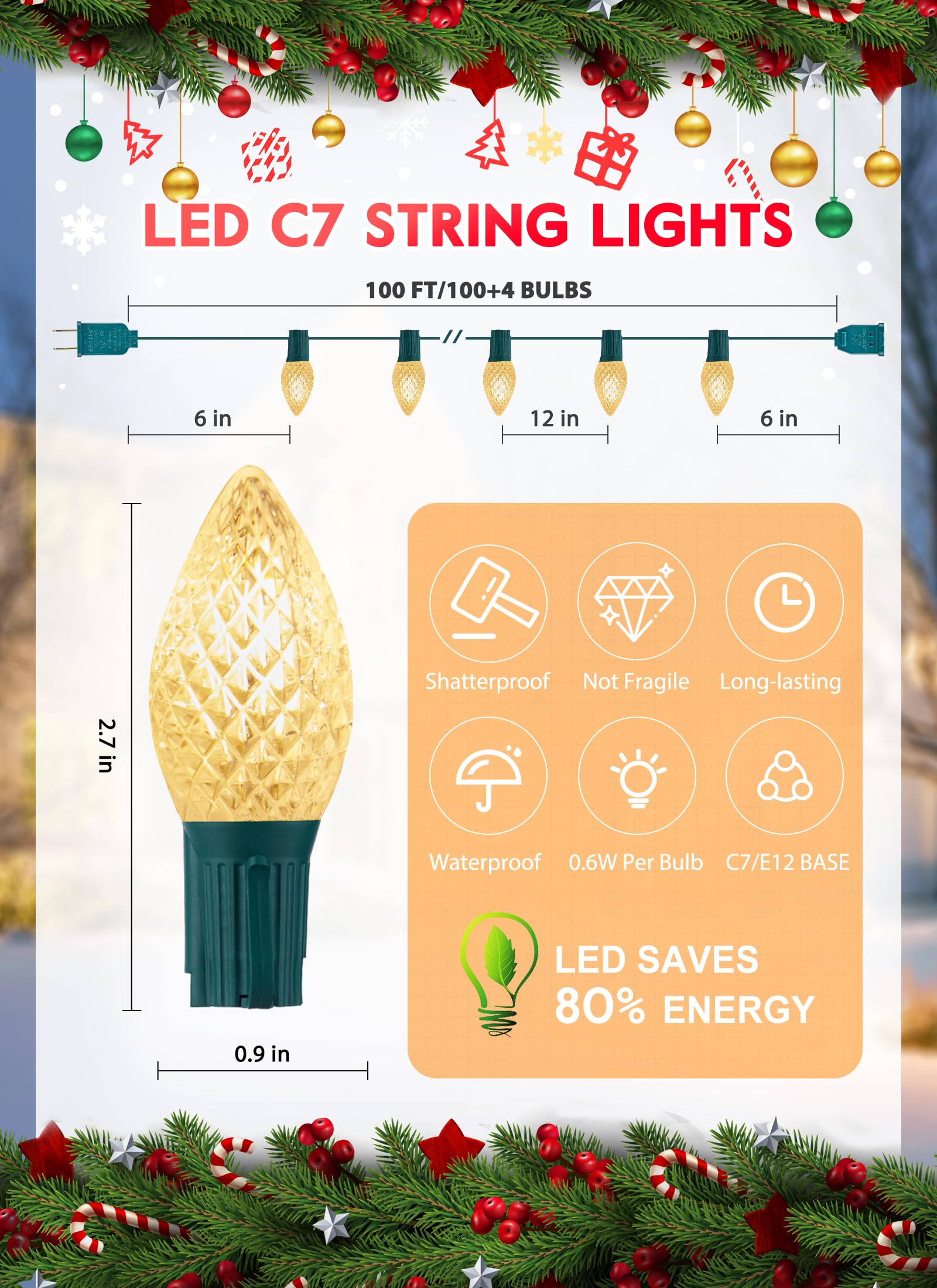 C7 Led Lights Warm White Christmas Lights Outdoor, 100Ft C7 Christmas String Lights With 100 Plastic Bulbs, Traditional Hanging