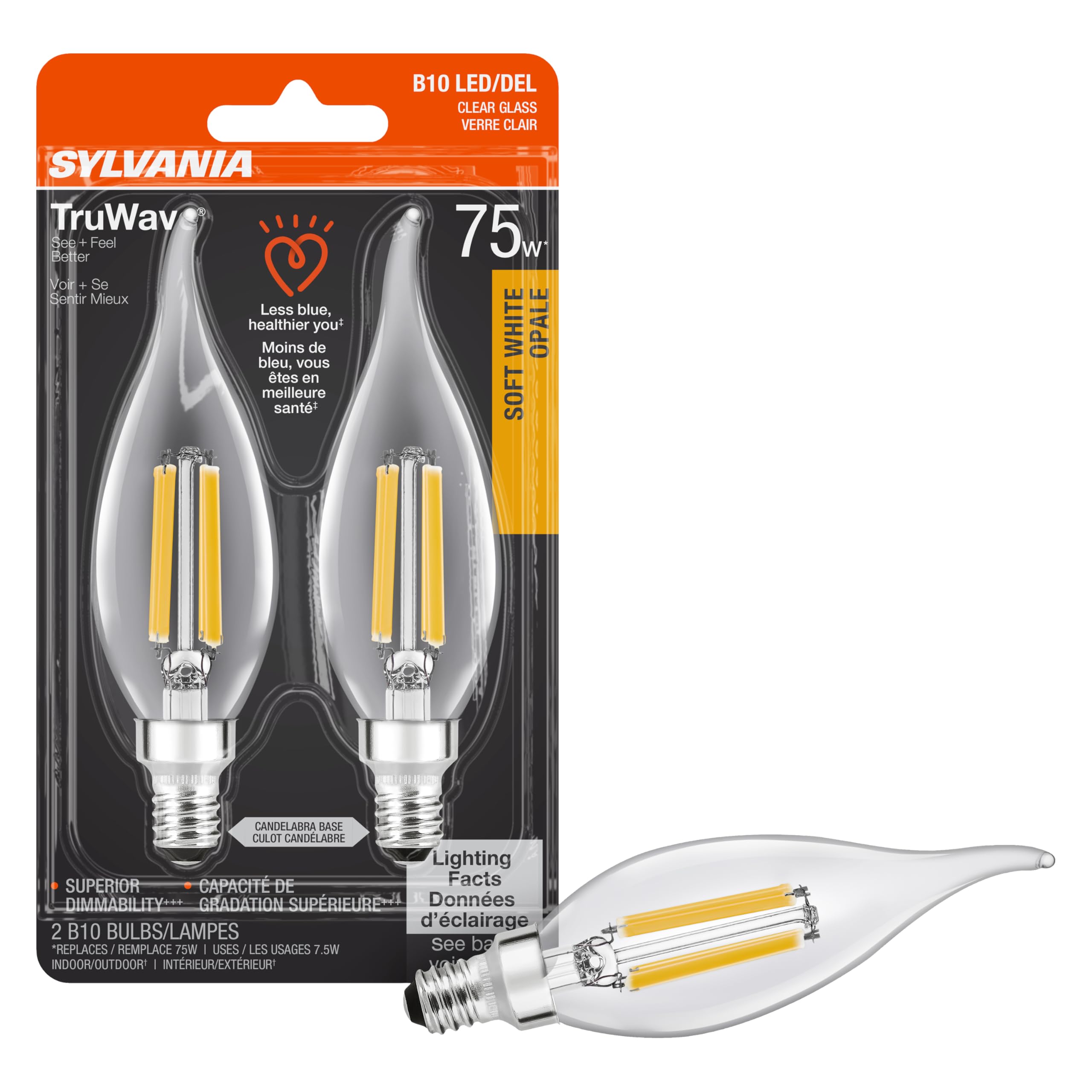 Sylvania Led Truwave Natural Series D  Cor Light Bulb, B10 Chandelier 75W Equivalent, Efficient 7.5W, Candelabra Base, Dimmable,
