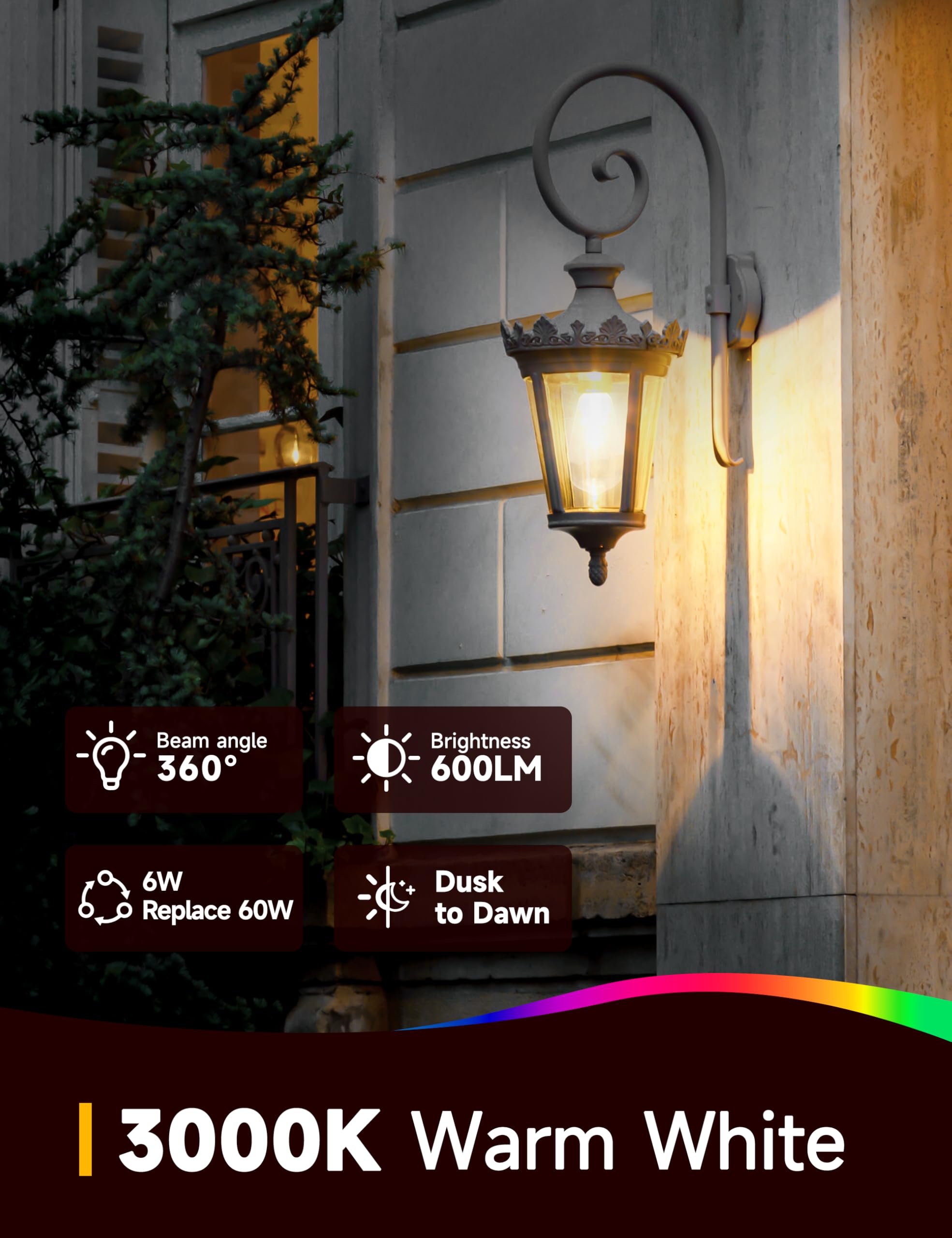 UNILAMP Dusk to Dawn Outdoor Light Bulbs, 6W Equivalent 60W, 3000K Warm White, Vintage LED, E26 Base, Photocell Sensor, 4
