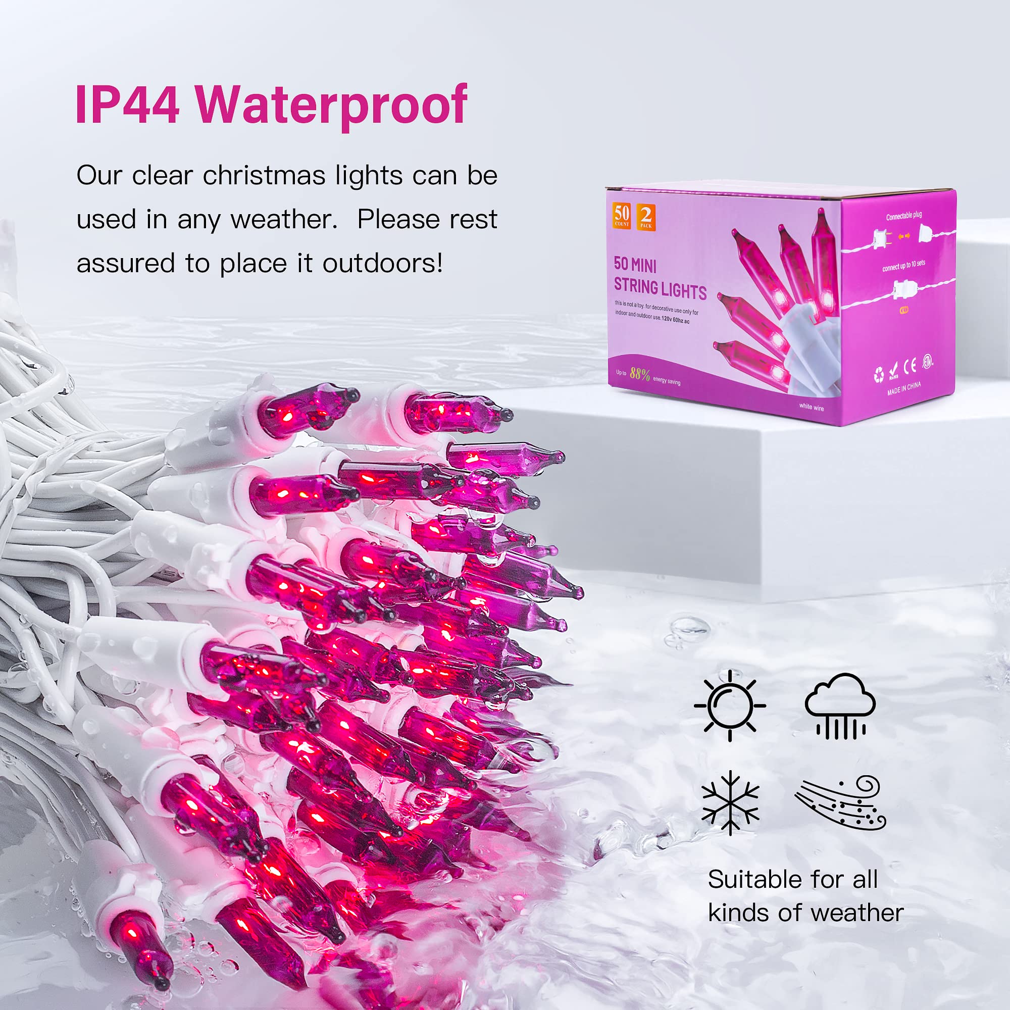 Hopolon 50-Count Purple Mini String Lights, 13Ft Indoor/Outdoor Holiday Decor, Copper Wire, 2Pack