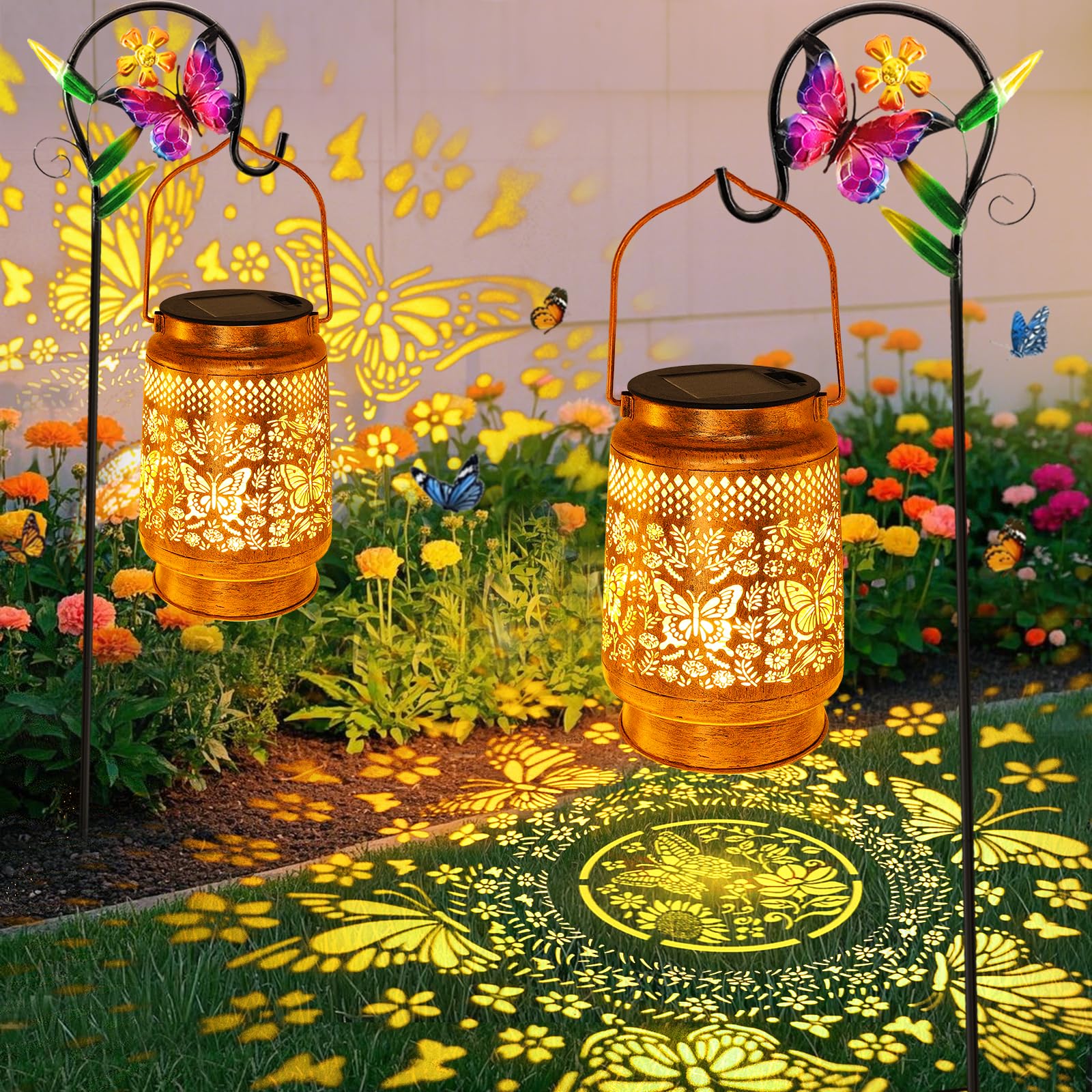 2 Pack Solar Lanterns Outdoor Butterfly Garden Decor  Birthday Gifts For Women Mom Grandma Christmas  Waterproof Metal Hanging Solar Lights Led Decoration With Shepherd Hook Outside For Yard Patio
