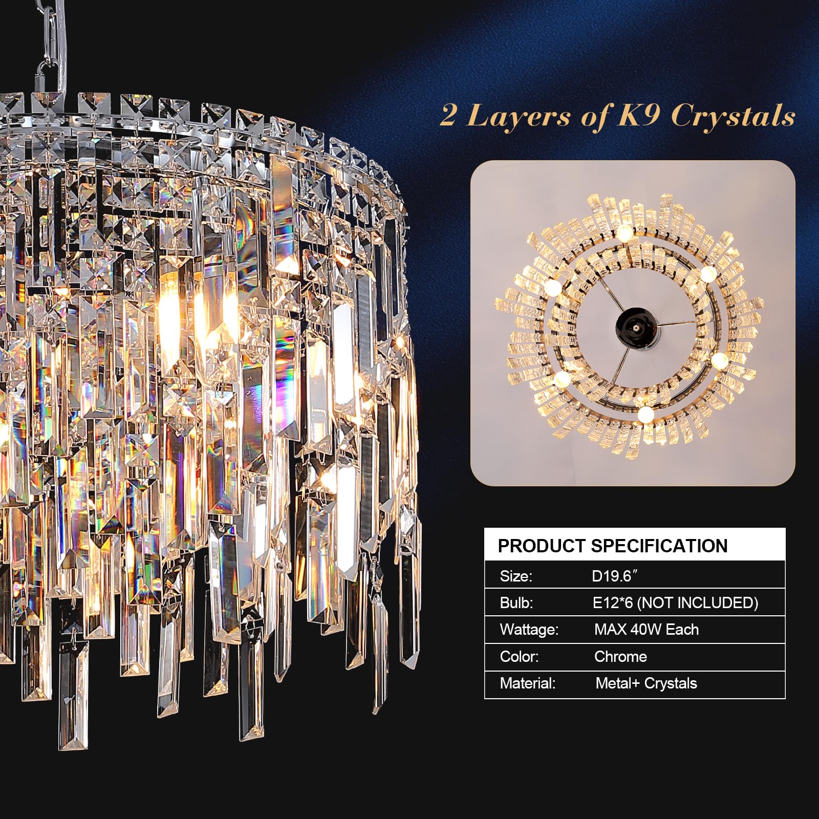 A Axilixi Round Crystal Chandelier Modern 20'' Drum Chandelier With Chain Chrome Adjustable K9 Raindrop Crystal Ceiling Pendant