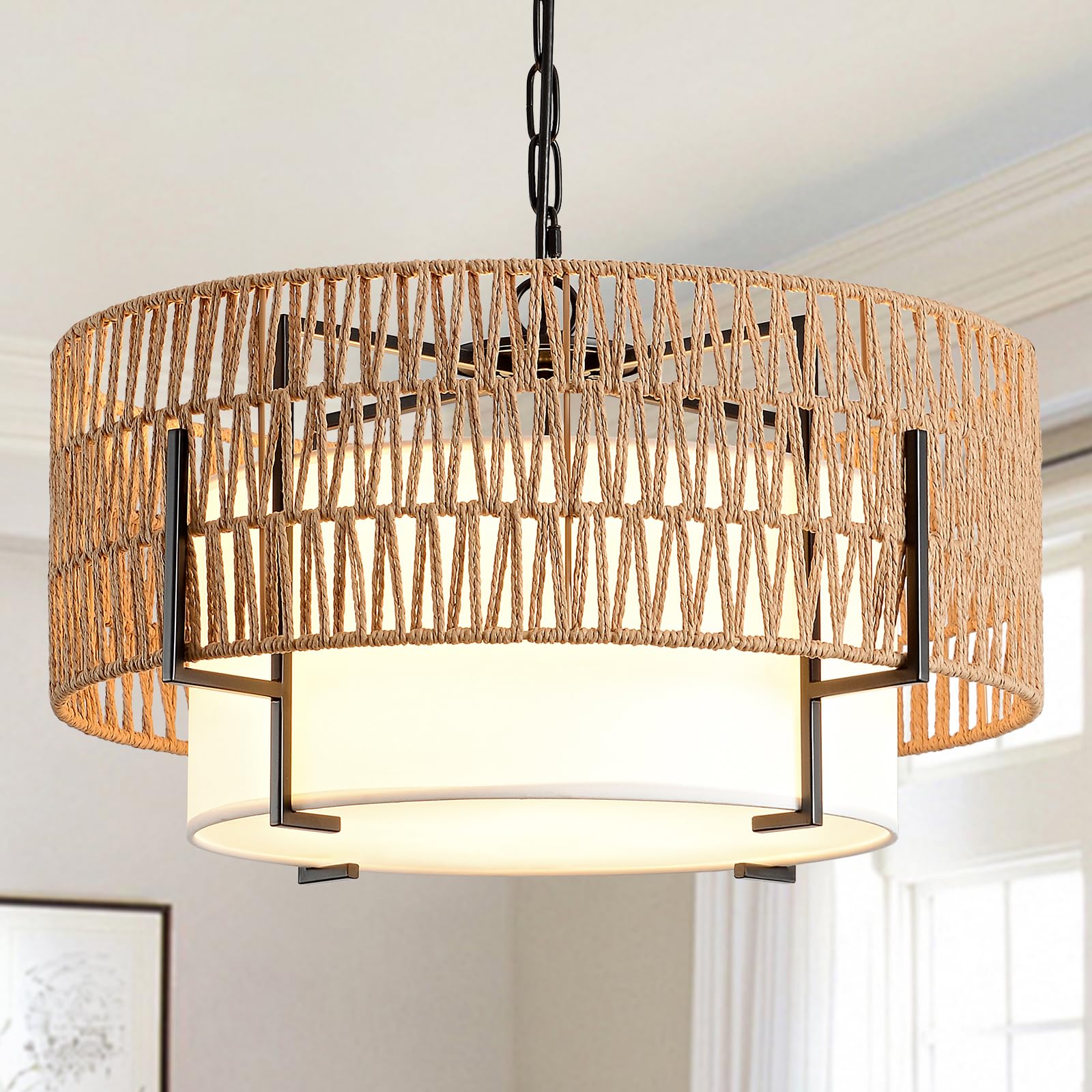 Supmaka Boho Rattan Chandelier, 19.7'' Rattan Pendant Light With Fabric Shade, 4-Light Farmhouse Ceiling Light Fixture Chandelie