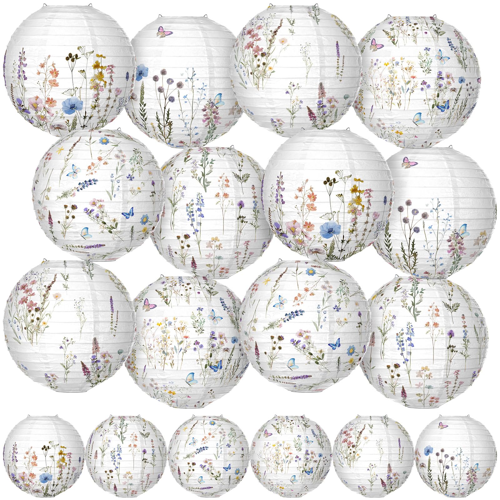 Rossesay 12 Pcs Multicolored Wildflowers Paper Lantern 8 Inch Spring Floral Hanging Lantern Indoor Outdoor Decorative Round Hang