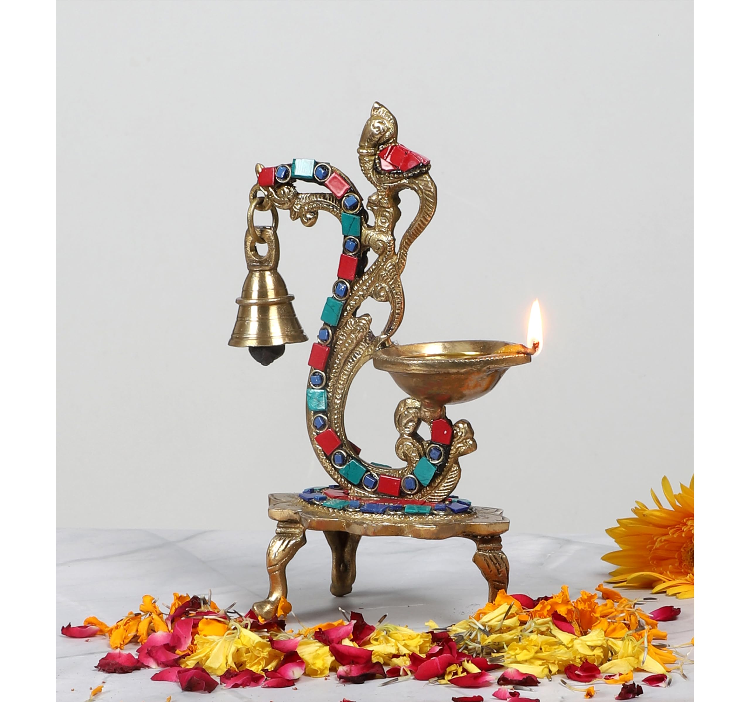 Two Moustaches Brass Diya with Gemstone Work, 8 Inches, Multicolored, Model TMP/2562S, Ideal for Home and Pooja, Pack of 1