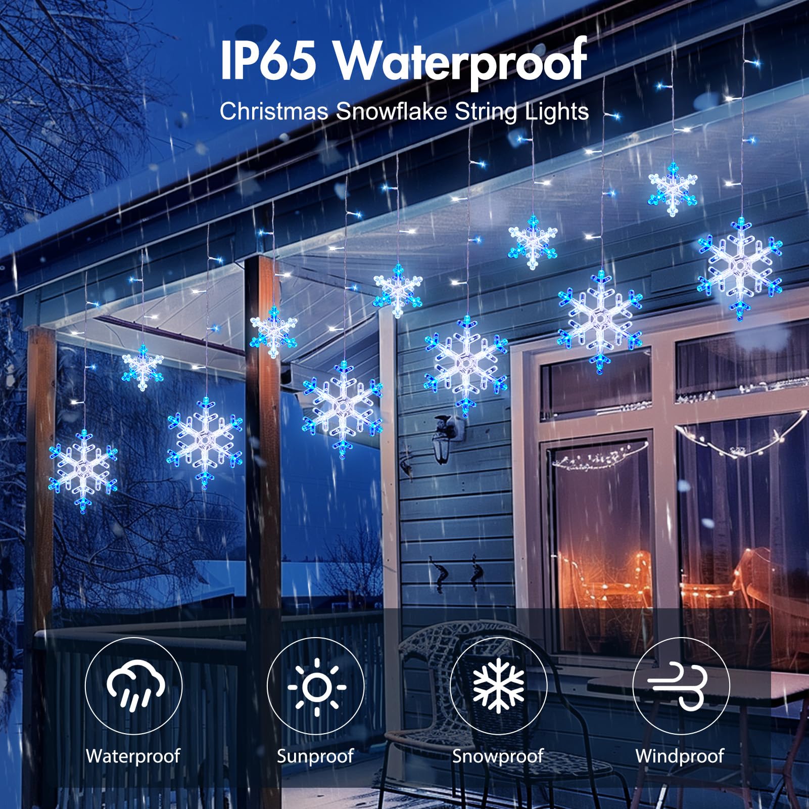 Minetom Christmas Snowflake Lights - 13ft 192LED, 12 Modes, Timer, IP65 Waterproof, Blue and White, Model GP-SW290DC0209-IP44(US