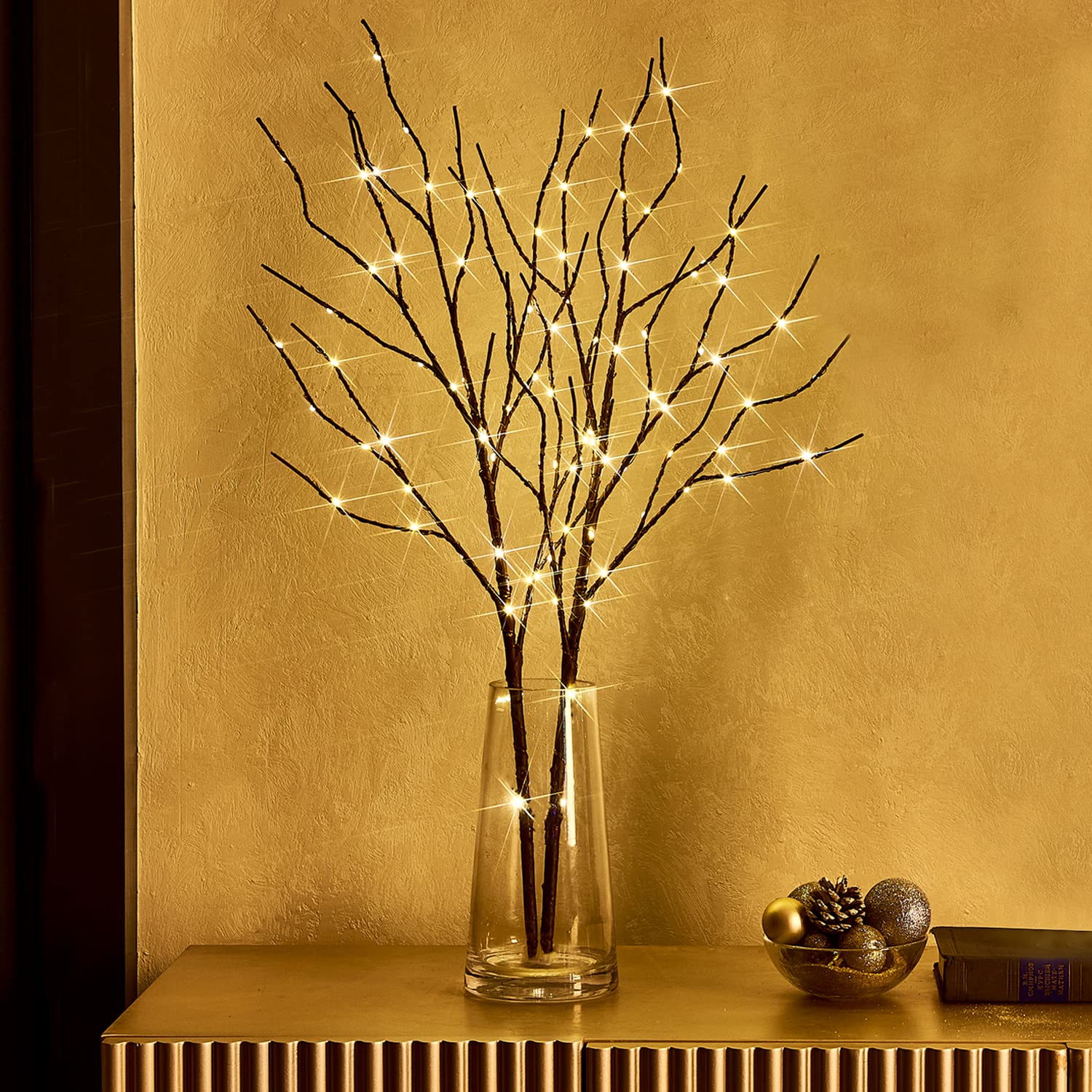 Fudios Lighted Brown Branches with Timer 32 in 100 LED for Vases Battery Operated  Artificial Willow Branch Twigs with Warm White Lights for Christmas Holiday Party Decor