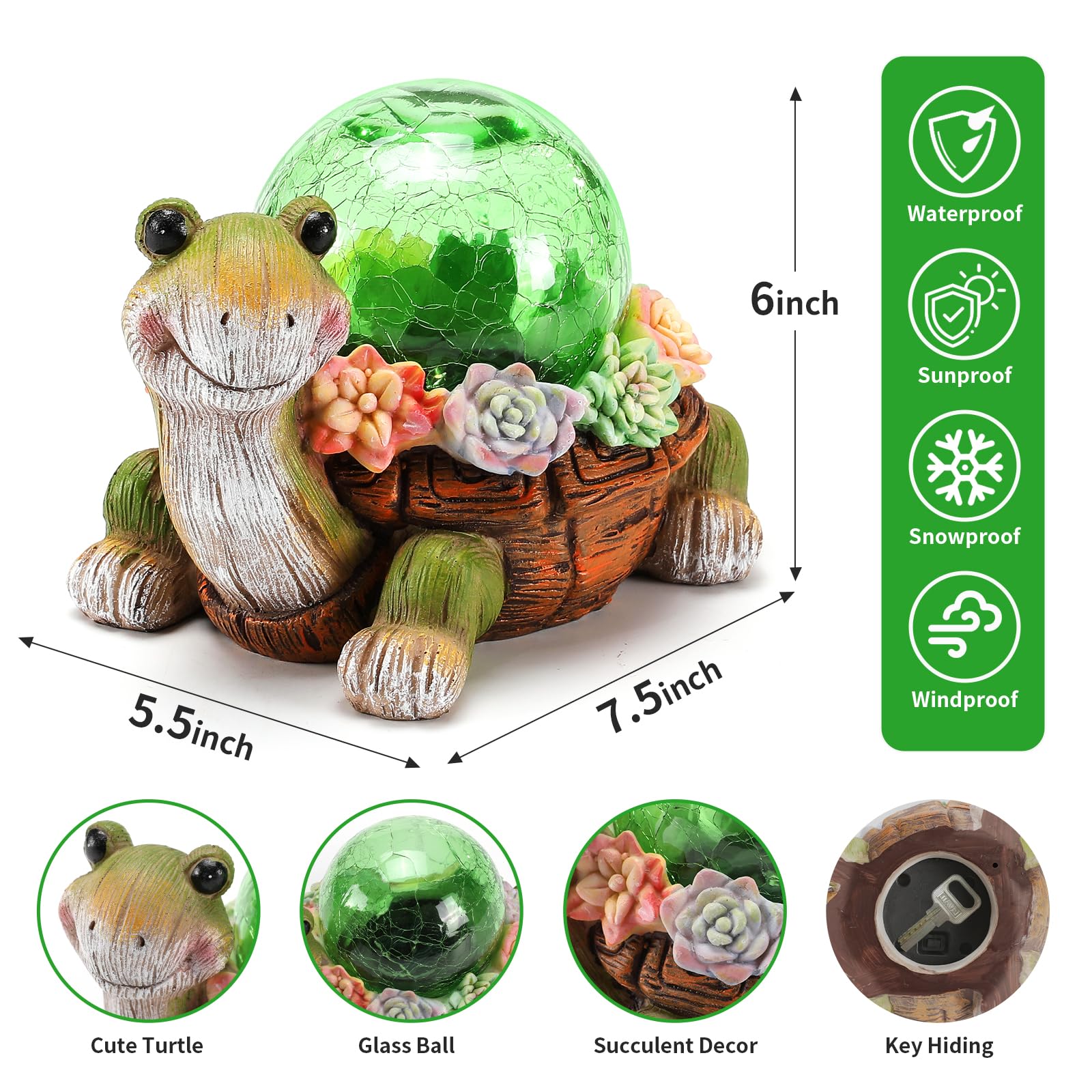 Vasesun Solar Turtle Garden Statue Lights For Outdoor Decor With Cracked Glass Led Figurine Lighting Resin Succulent Tortoise Decorations Patio Lawn Yard Housewarming Mom Gifts