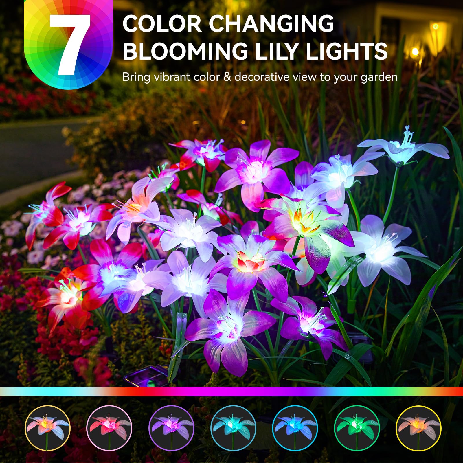 WdtPro Solar Garden Lights, 6 Pack, 24 Enlarged Lily Flowers, 7 Color Changing, Waterproof, Multicolor, Model TFL001
