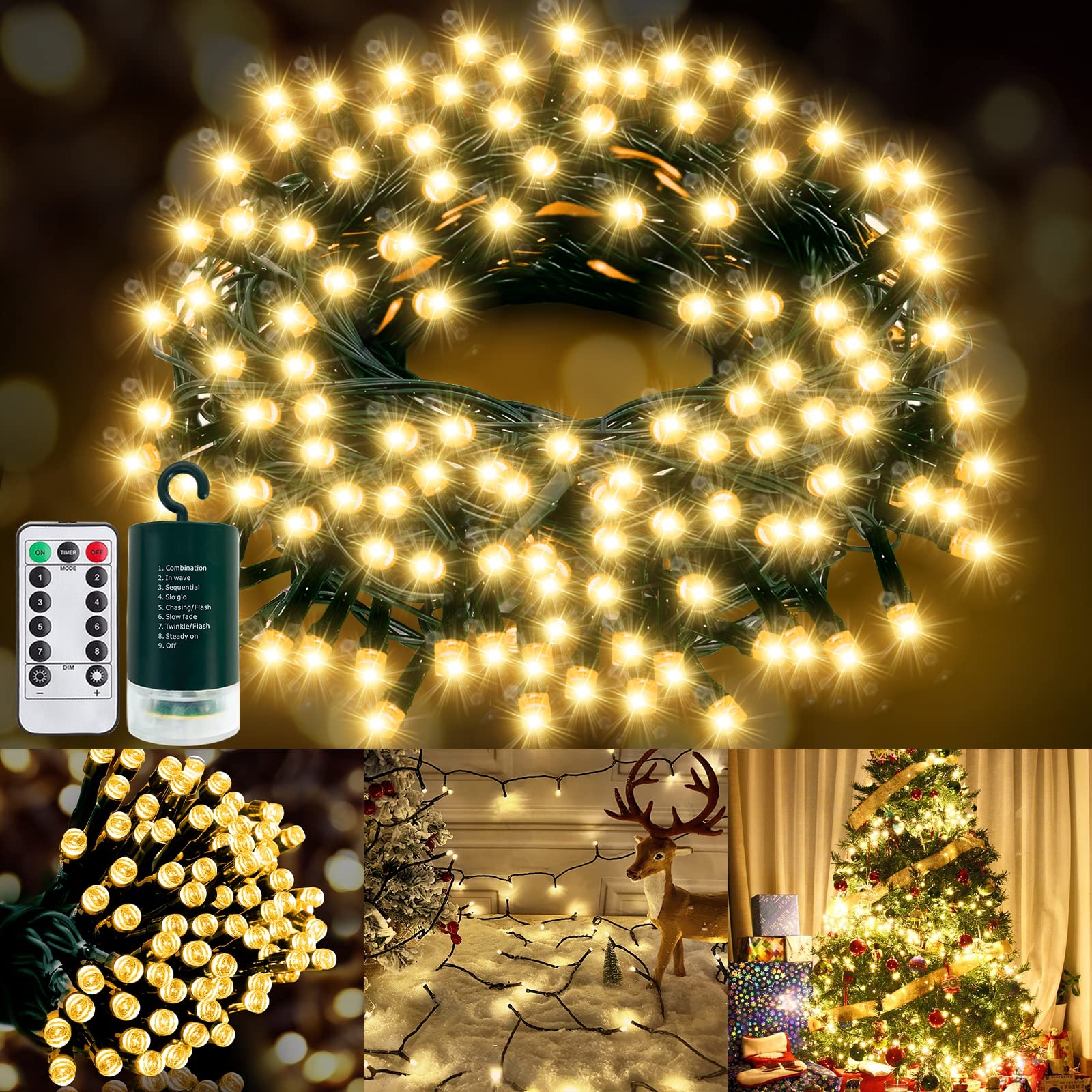 Turnmeon 120Led 39.4Ft Warm White Christmas String Lights With Timer & Remote, Waterproof