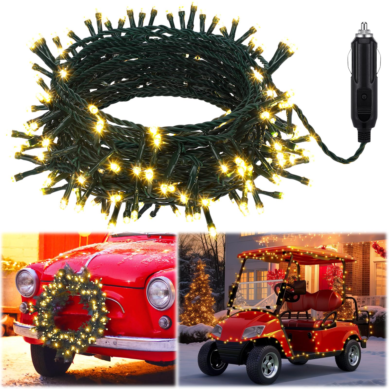Aurelema 12V Christmas 32 Ft Car Led String Light Golf Cart Decorations Warm Yellow Light String Waterproof Atmosphere Lighting Kits For Christmas Car Accessories