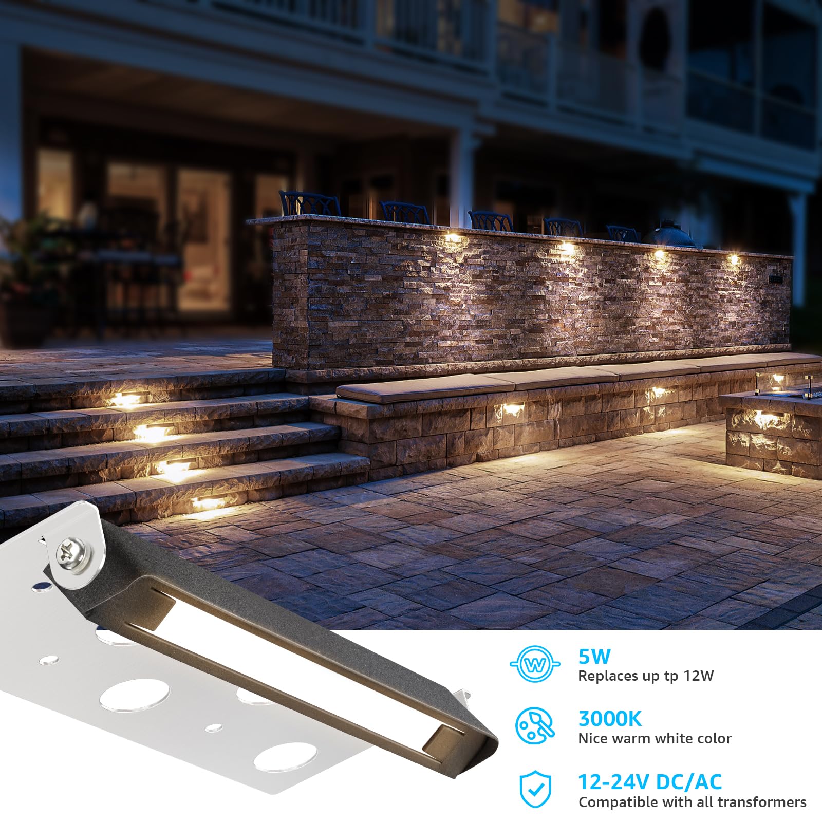 Sunvie 7&quot; Led Retaining Wall Lights, 12-Pack, 3000K Warm White, Waterproof, Low Voltage,