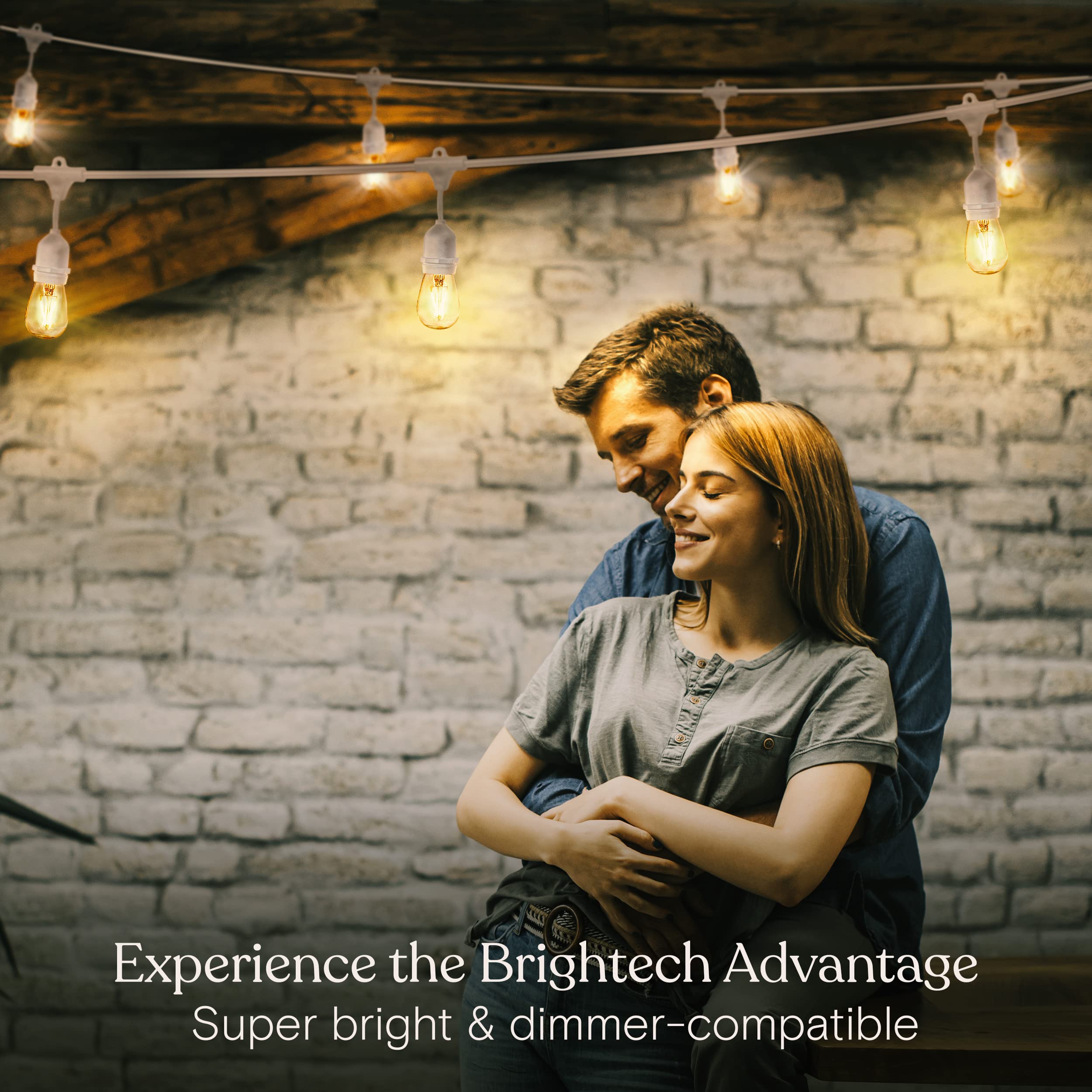 Brightech Ambience Pro LED Outdoor String Lights, Dimmable Vintage Edison Bulbs, 48 Ft, 15 Bulbs, White Cable, Model AMB-2W-WHT