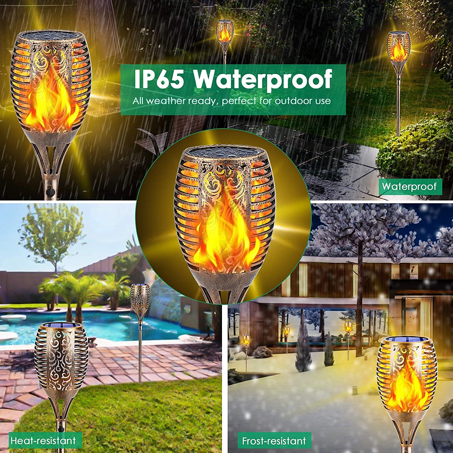 TomCare Solar Torch Lights - 99 LED Flickering Flame, Waterproof, Large 4 Pack, Bronze, Model SL-1036B for Garden Patio Yard