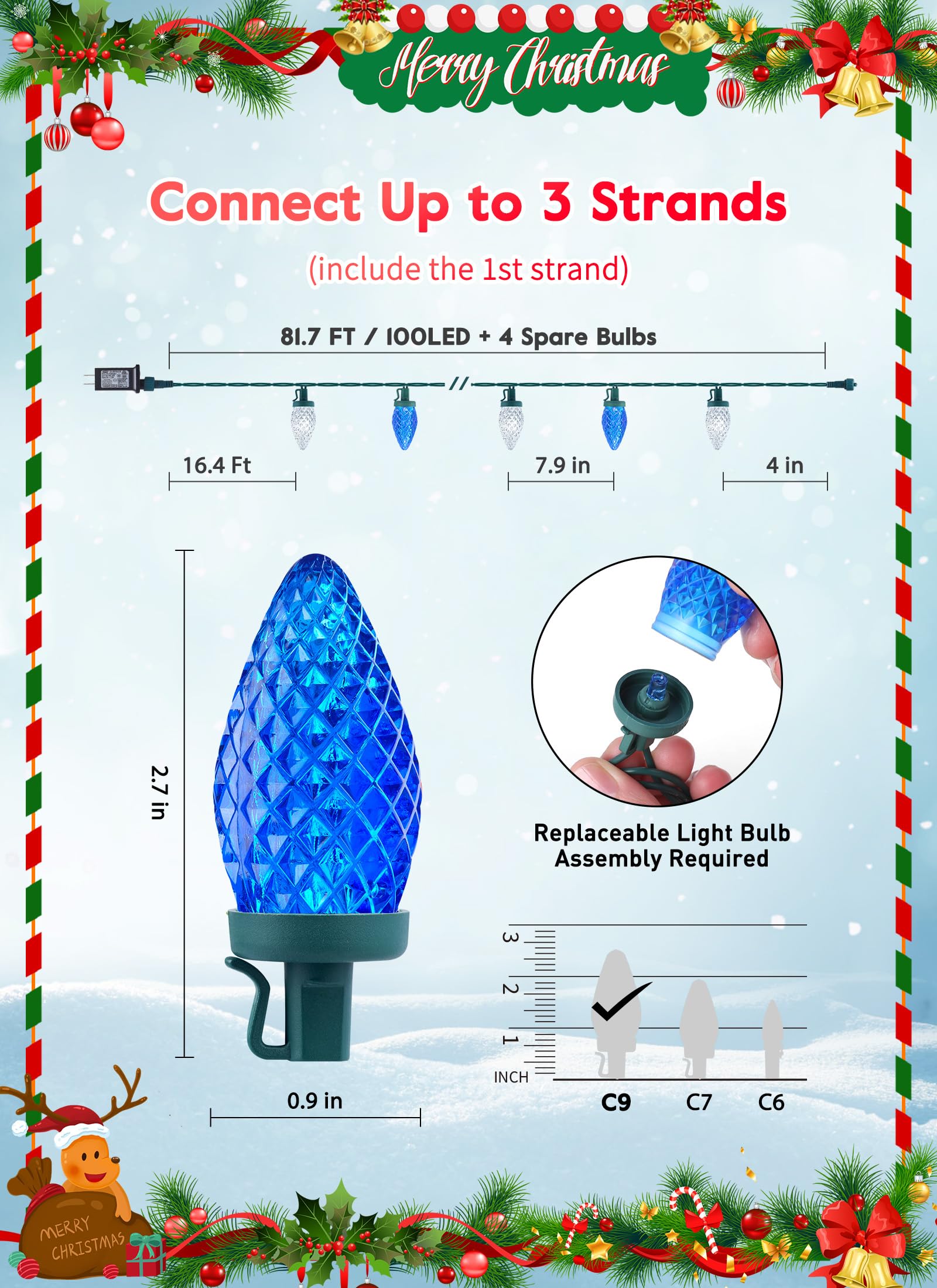 Minetom C9 LED Christmas Lights, 81ft 100 Bulbs, Waterproof, Timer & 8 Modes, Blue & Pure White, Outdoor/Indoor Decoration