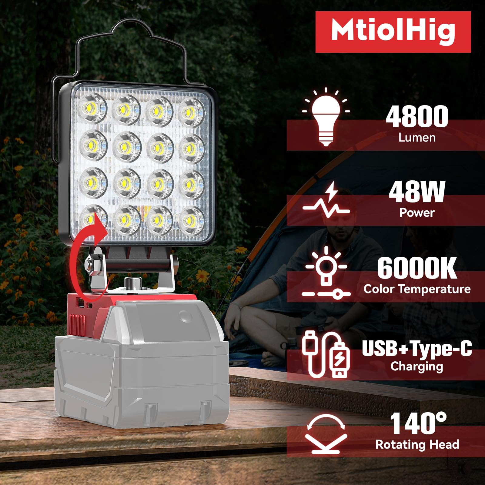 48W Work Light For Milwaukee 18V Battery, Mtiolhig Portable Led Light 6000K 4800 Lumen Flood Light Flashlight Battery Light With