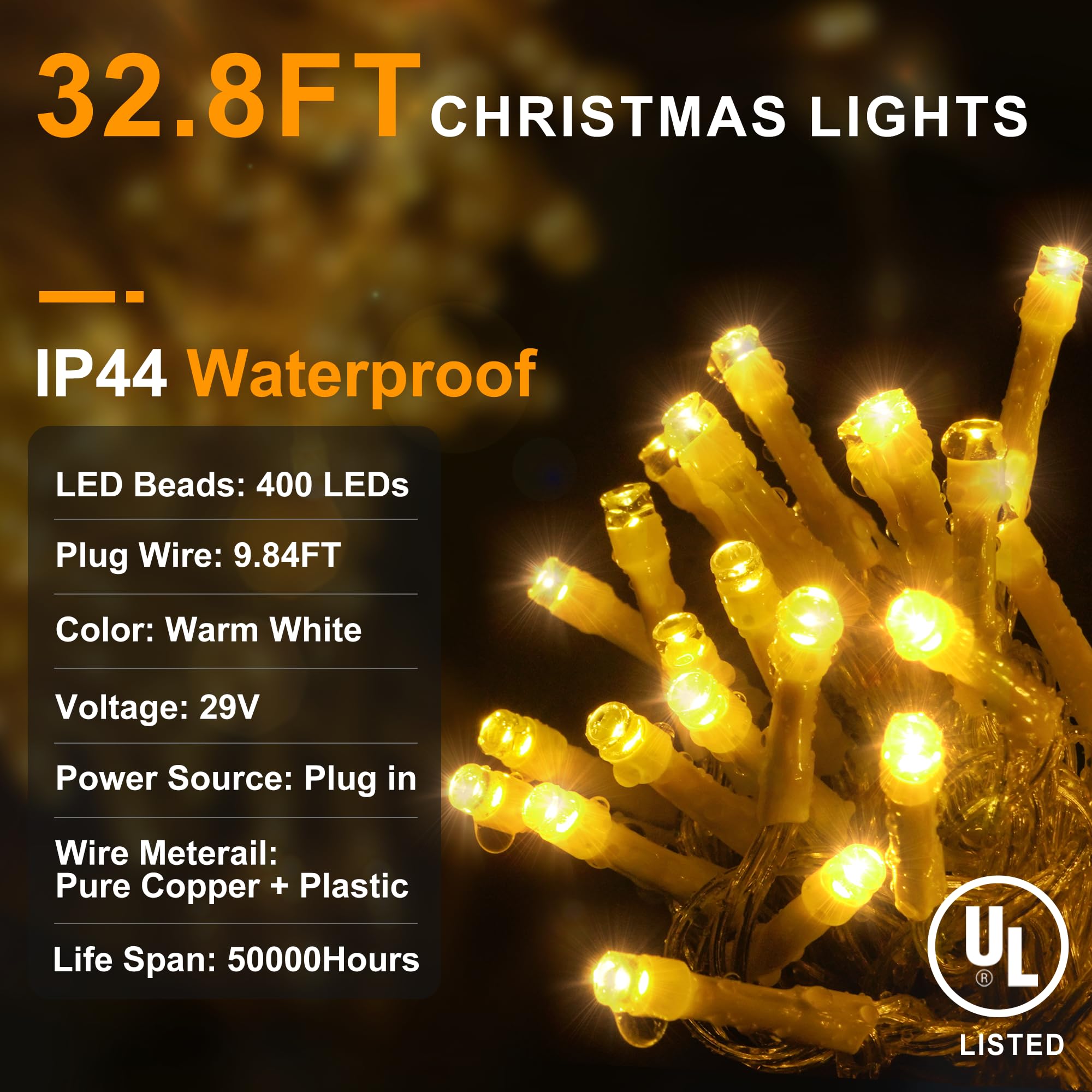 KNONEW Outdoor Decorative String Lights, 400 LED Warm White, 33ft, 8 Modes, Clear Wire Curtain Fairy Lights for Wedding & Christmas Decor