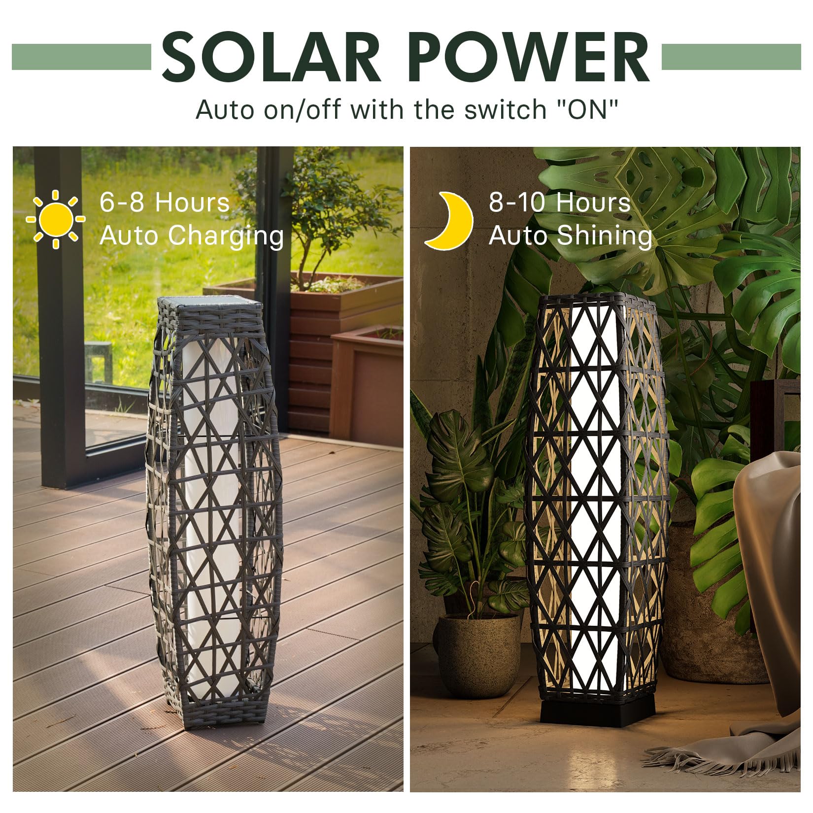 Grand Patio Solar Outdoor Floor Lamp Wicker Lantern Decoration Light For Deck Garden Lawn Porch-Medium Cindy, Silver Gray