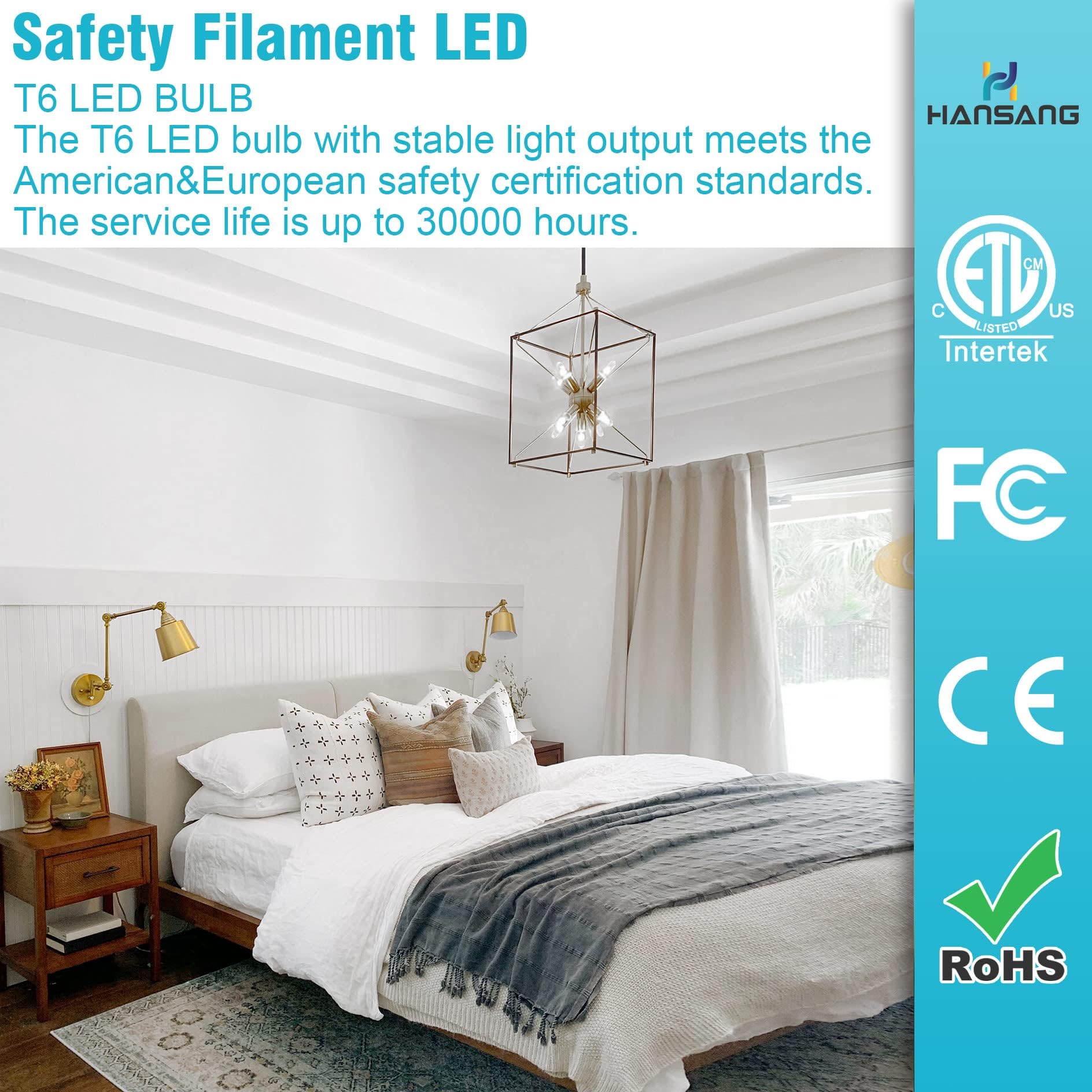 Hansang E12 Edison Chandelier Bulbs, Candelabra Base Led, 40W Equivalent, 5000K Daylight, Dimmable T6 Tube Shape Filament Candle